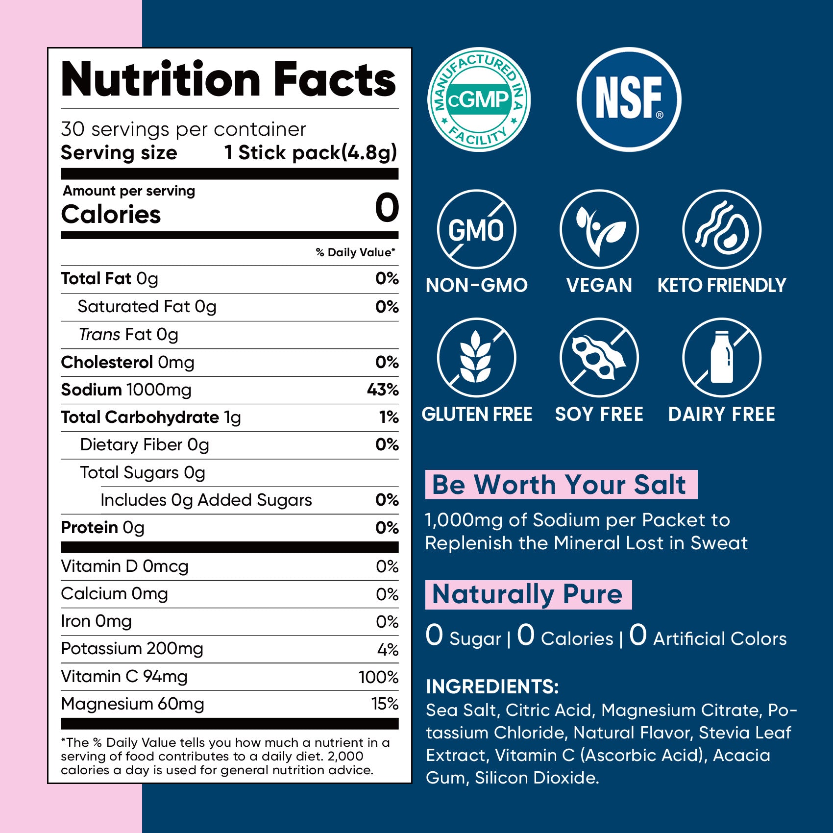 High Sodium Sugar Free Electrolytes Powder Packet -Peach Salt - 30 Sticks