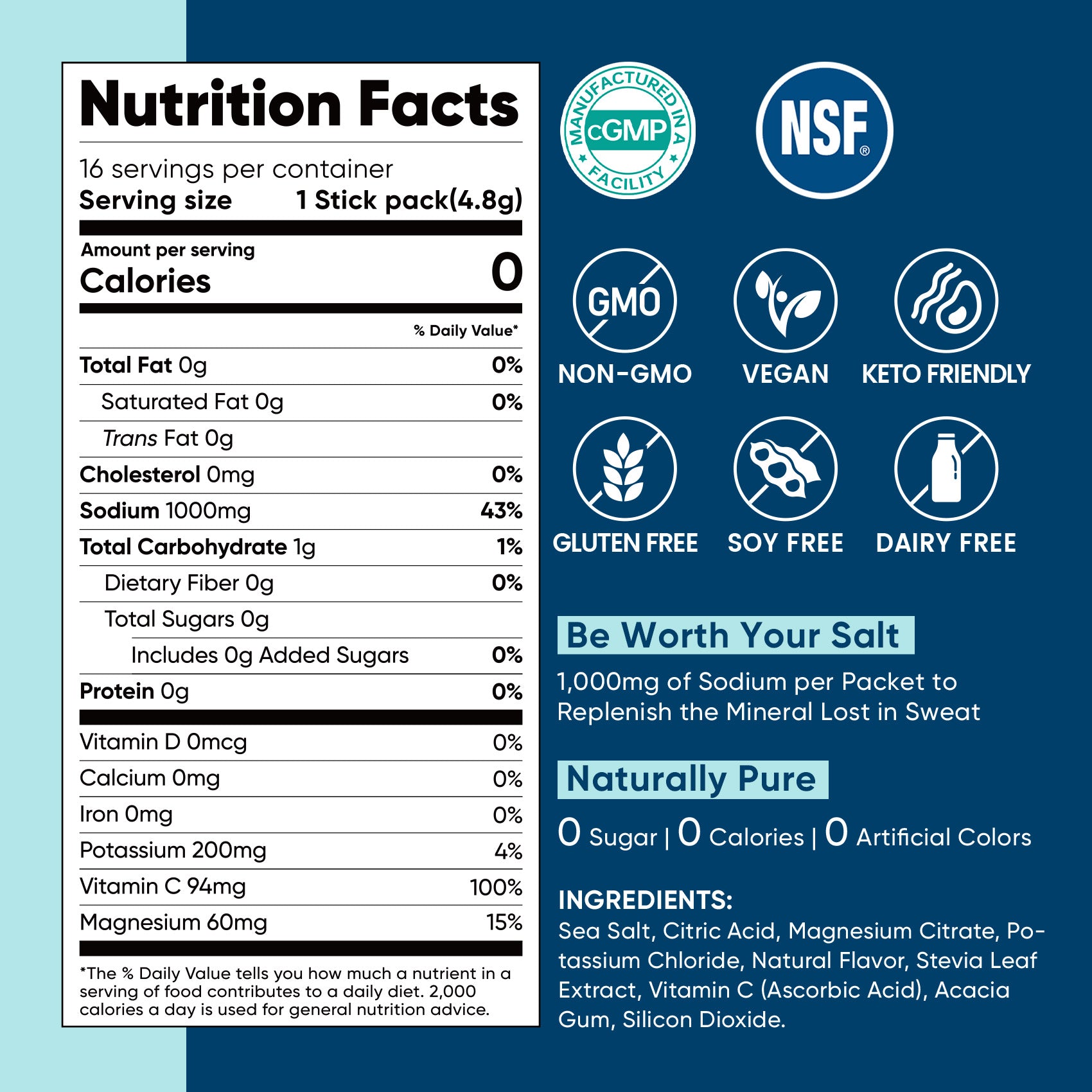 High Sodium Sugar-Free Electrolyte Powder Packets - 16 Sticks