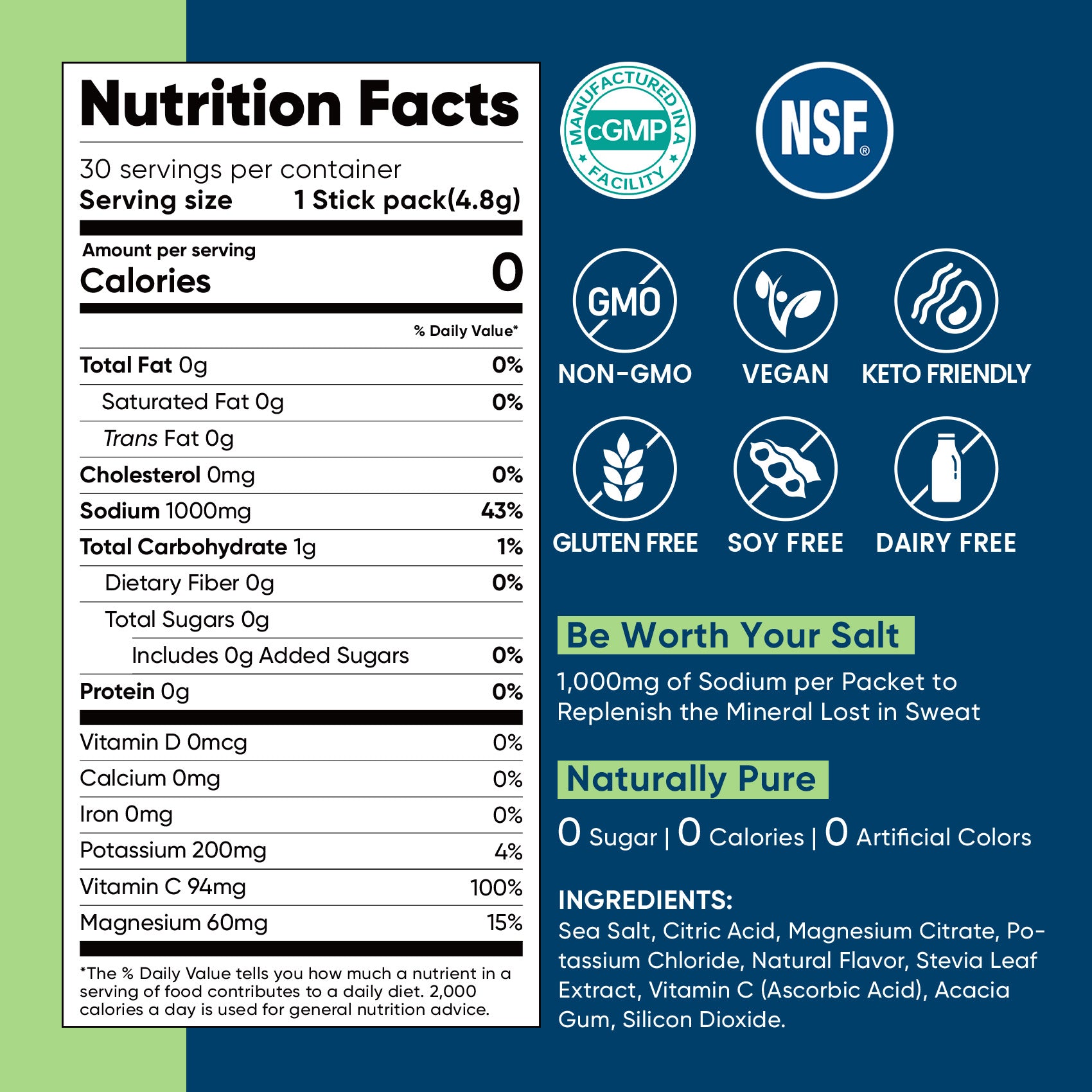 High Sodium Sugar Free Electrolytes Powder Packet - Lemon Lime Salt - 30 Sticks