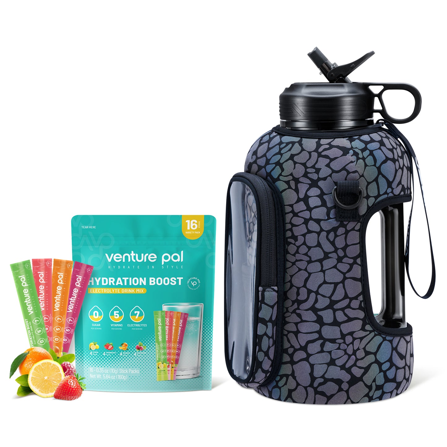 Venture Pal 64 oz Motivational Water Bottle with Storage Sleeve and Zero Sugar Electrolyte Powder Strawberry Flavor