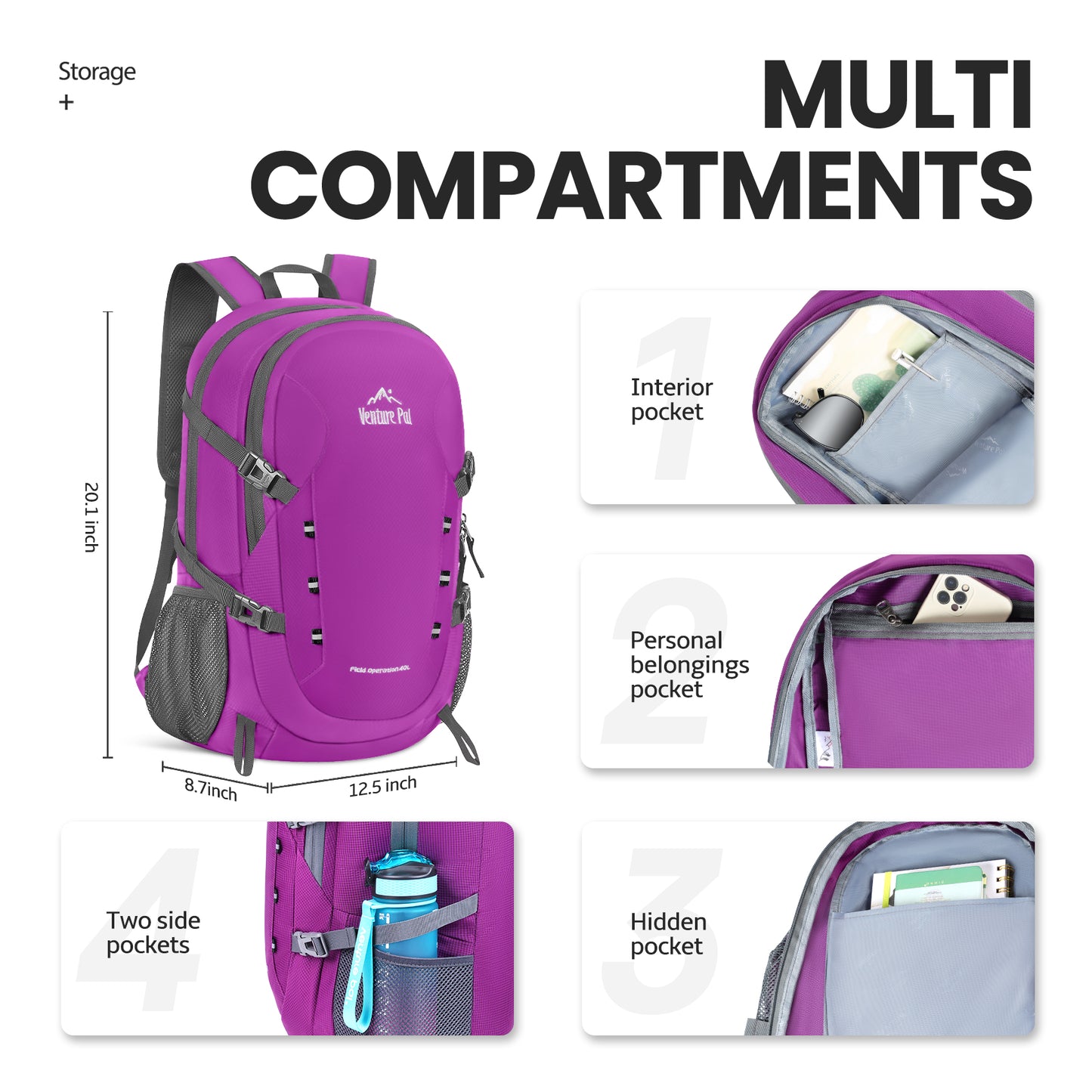 Venture Pal Purple 40L Nylon Backpack with Wet Pocket and Multi Compartment