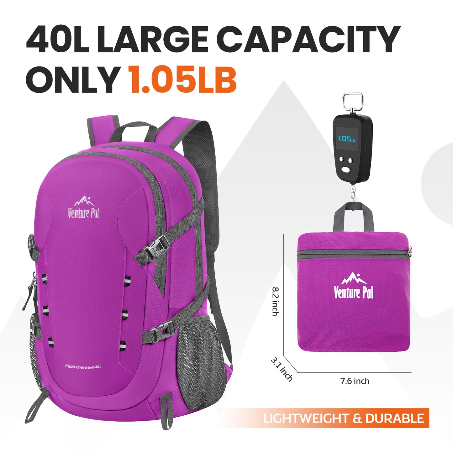 Venture Pal Purple 40L Nylon Backpack with Wet Pocket and Multi Compartment