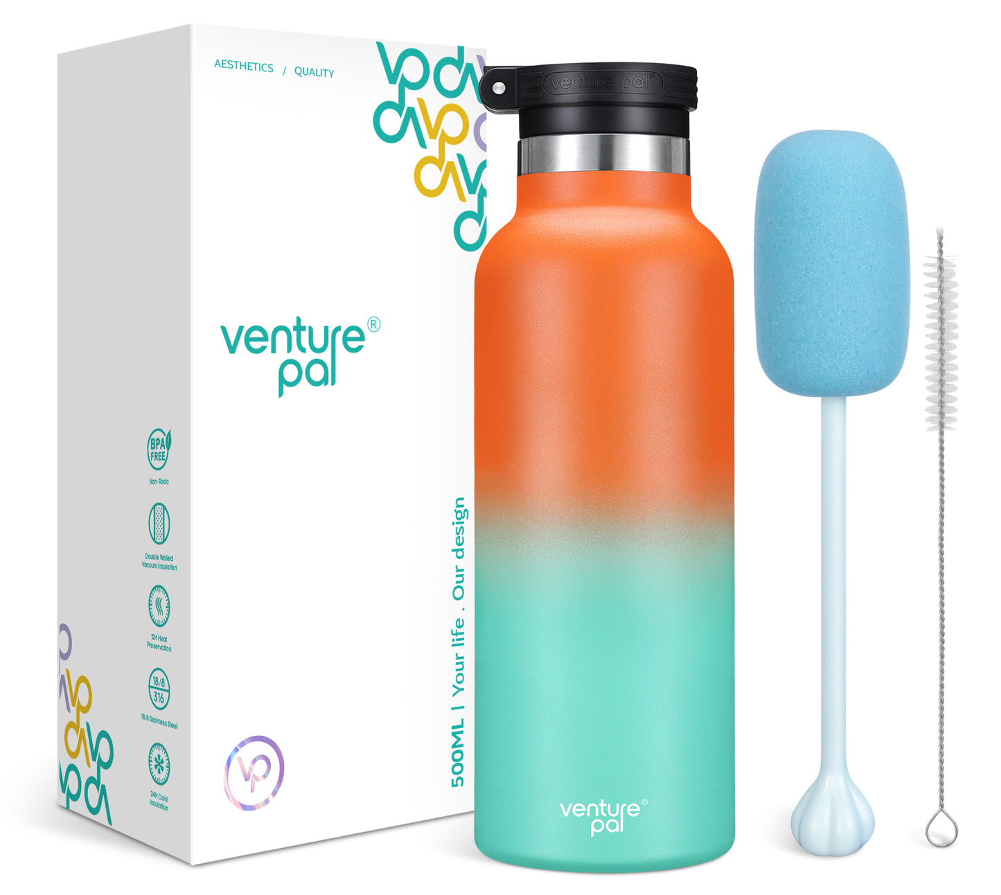Venture Pal 17oz Vacuum Insulated Water Bottle with Straw Lid & Portable Carrying Handle - Comes with a Complimentary Cleaning Brush and Straw Brush