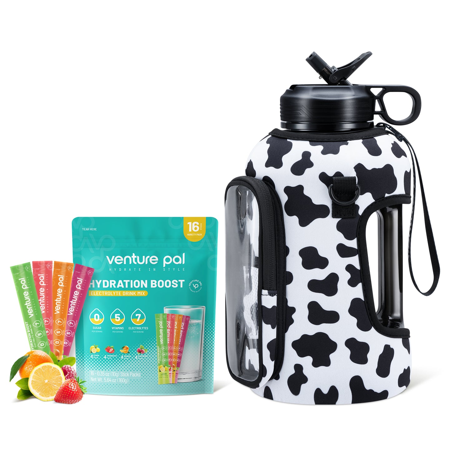 Venture Pal 64 oz Motivational Water Bottle with Storage Sleeve and Zero Sugar Electrolyte Powder Strawberry Flavor