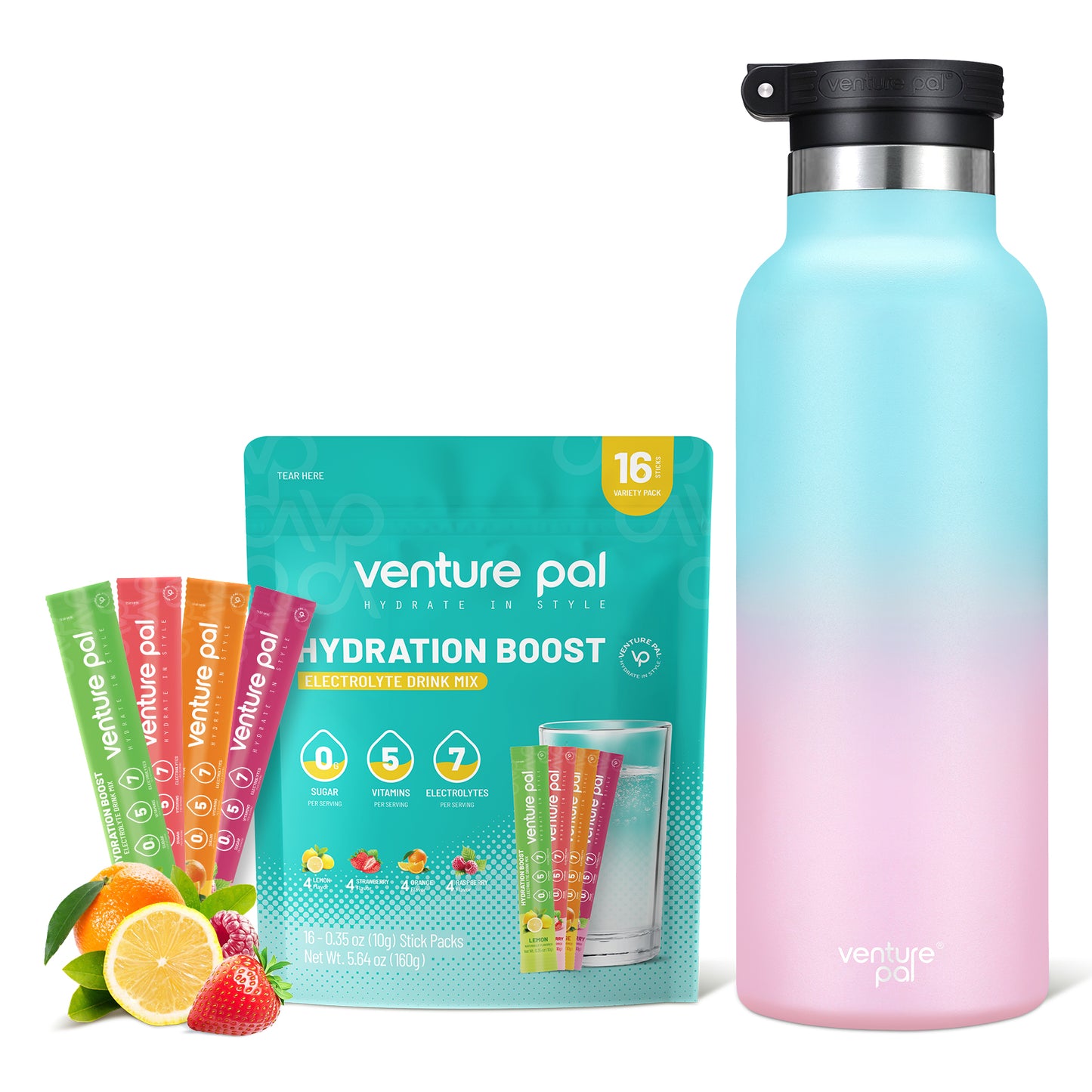 Venture Pal 17oz Insulated Bottle and Zero Sugar Electrolyte Powder Variety Pack