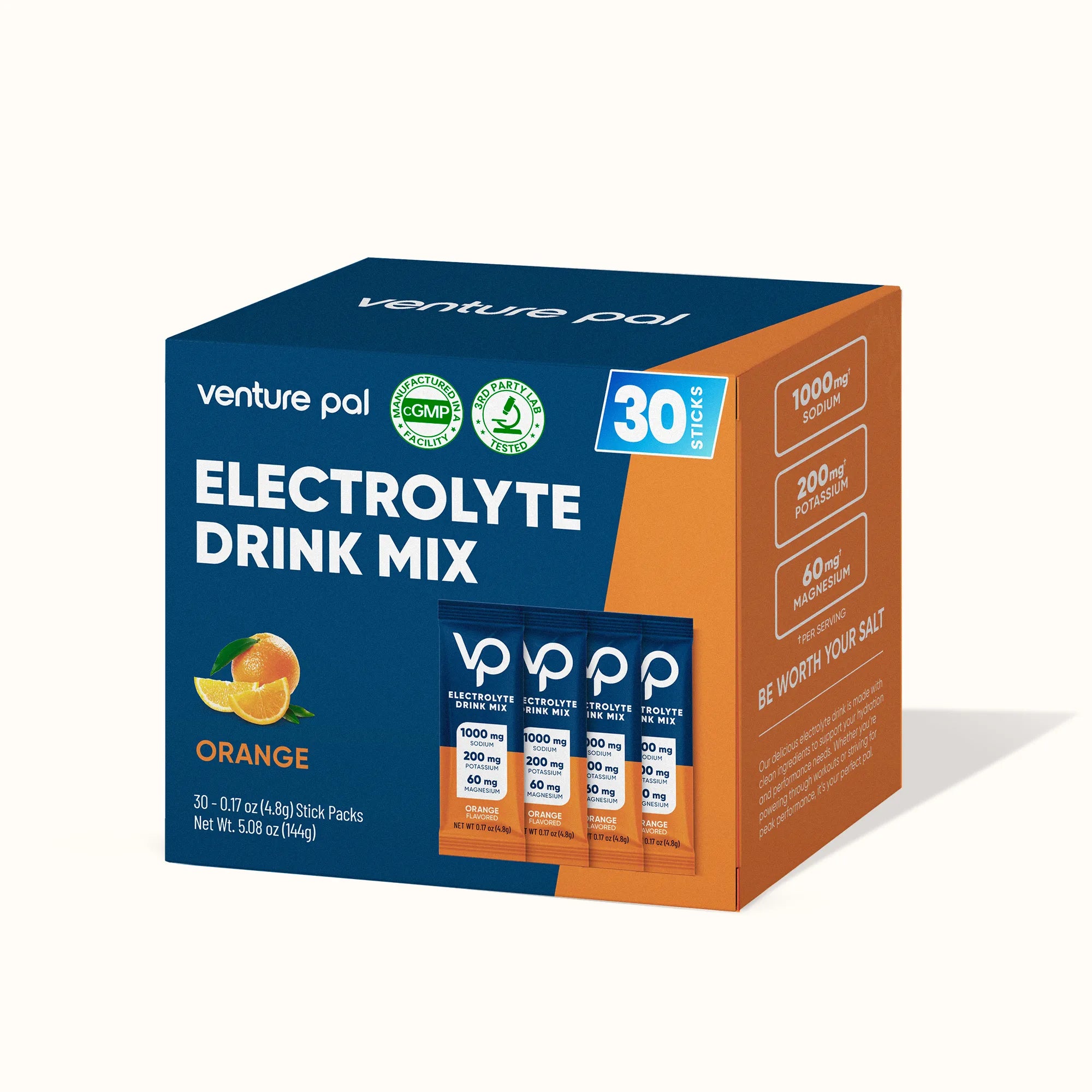 High Sodium Sugar Free Electrolytes Powder Packet -  Orange Salt - 30 Sticks