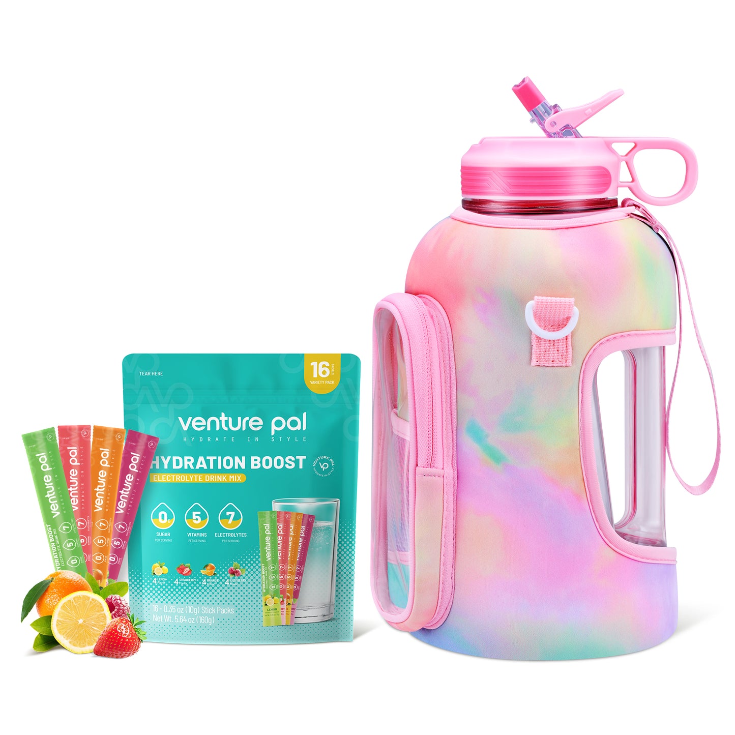 Venture Pal 64 oz Motivational Water Bottle with Storage Sleeve and Zero Sugar Electrolyte Powder Strawberry Flavor