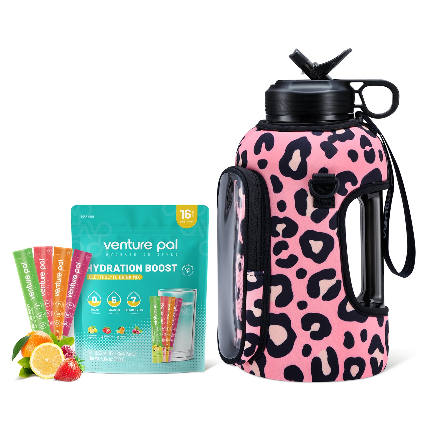 Venture Pal 64 oz Motivational Water Bottle with Storage Sleeve and Zero Sugar Electrolyte Powder Strawberry Flavor