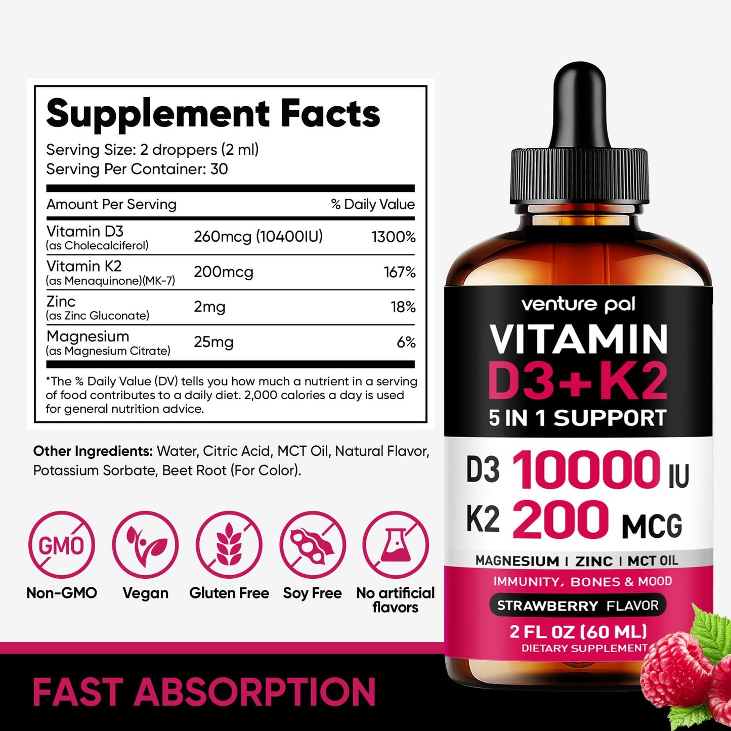 Venture Pal Vitamin D3 10000 IU Plus K2 (MK-7) - Raspberry Flavor - 200 mcg Liquid Drops