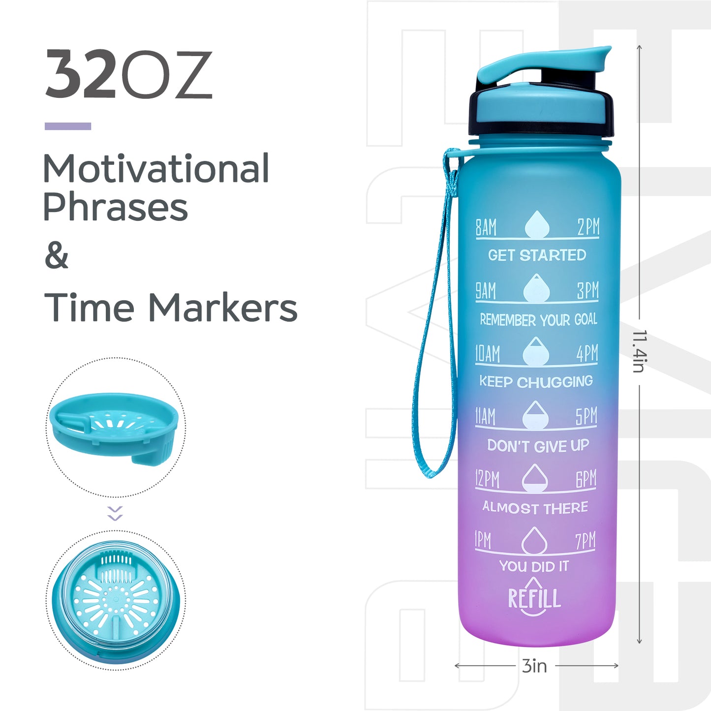 Elvira 32oz Motivational Time Marker Large Water Bottle with Removable Strainer