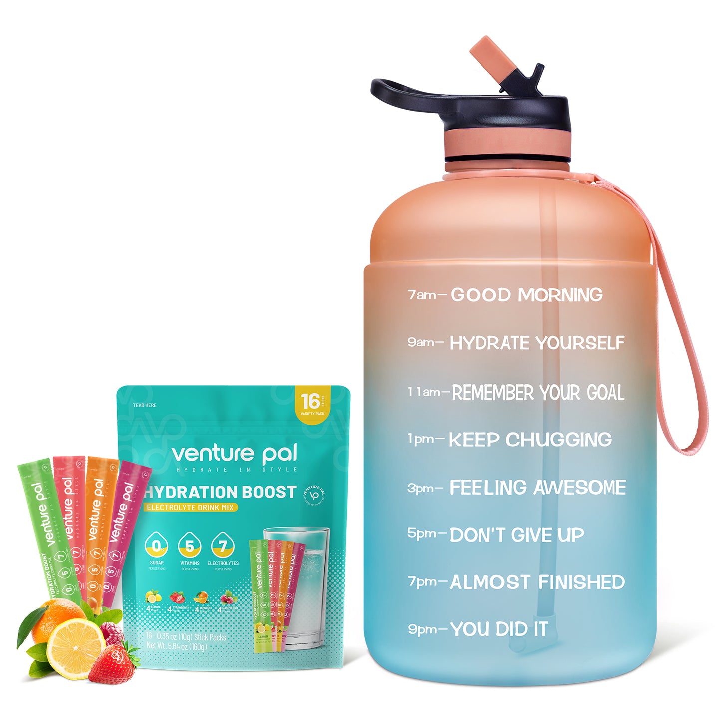 Venture Pal 64oz Motivational Water Bottle and Zero Sugar Electrolyte Powder Variety Flavor
