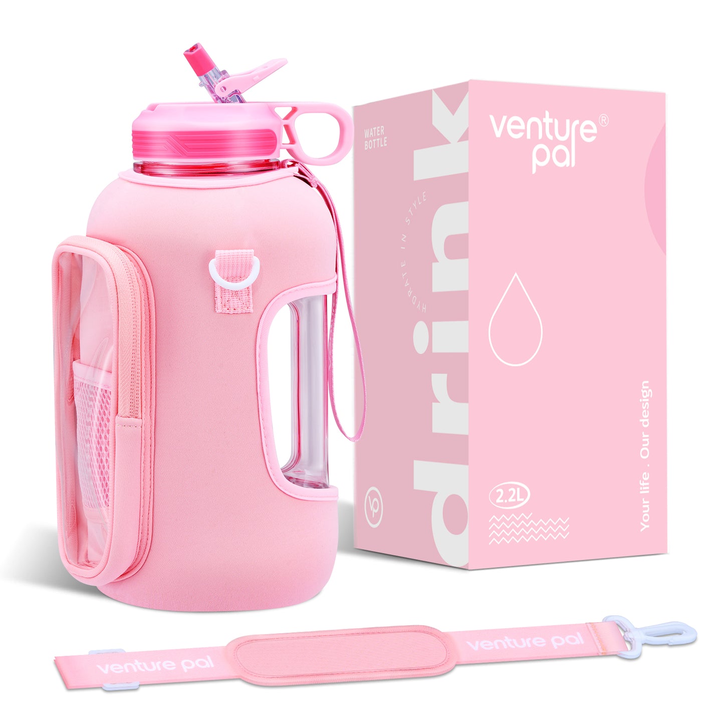 Venture Pal 64 oz Motivational Water Bottle with Storage Sleeve and Adjustable Strap - Comes with a Complimentary Cleaning Brush and Straw Brush