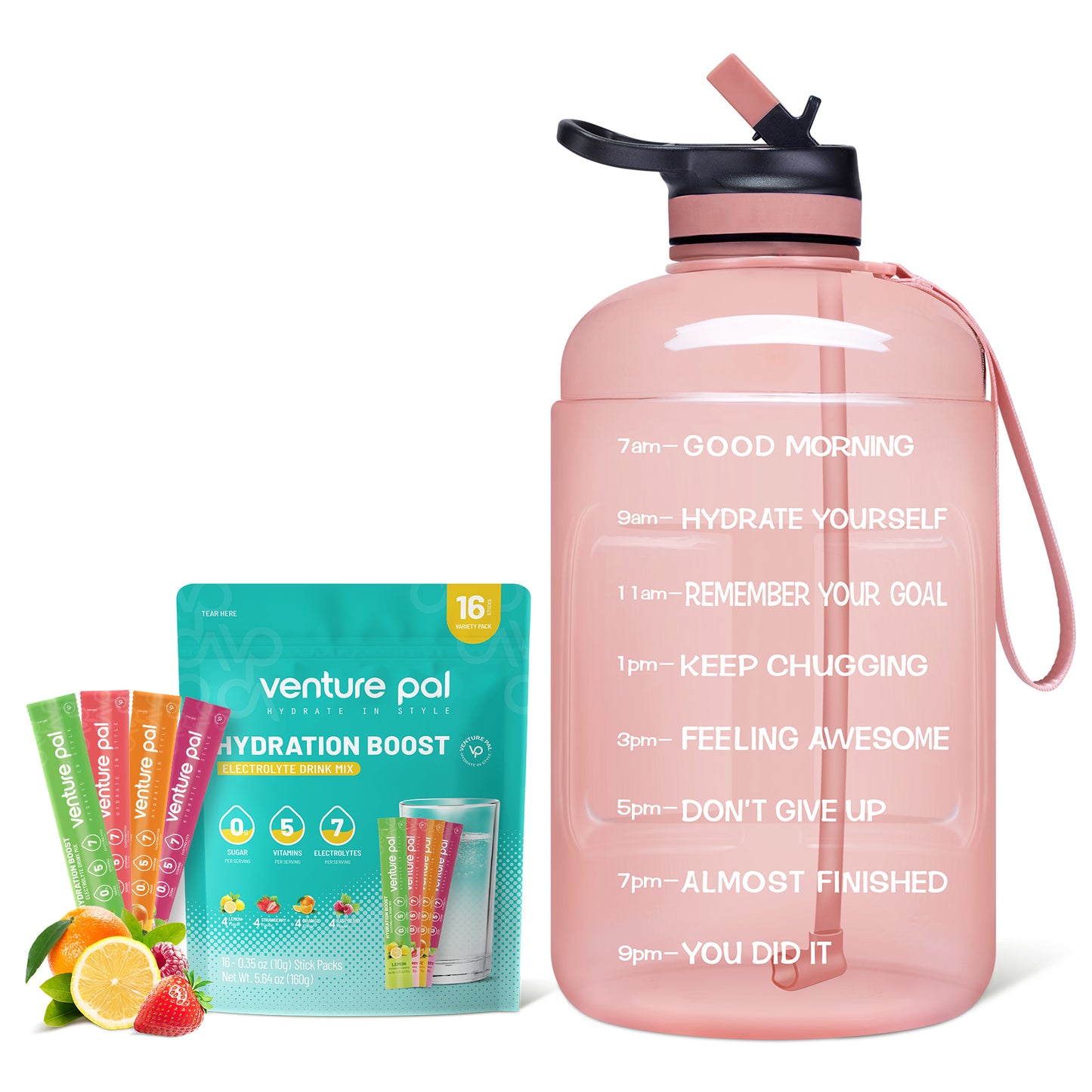 Venture Pal 64oz Motivational Water Bottle and Zero Sugar Electrolyte Powder Variety Flavor