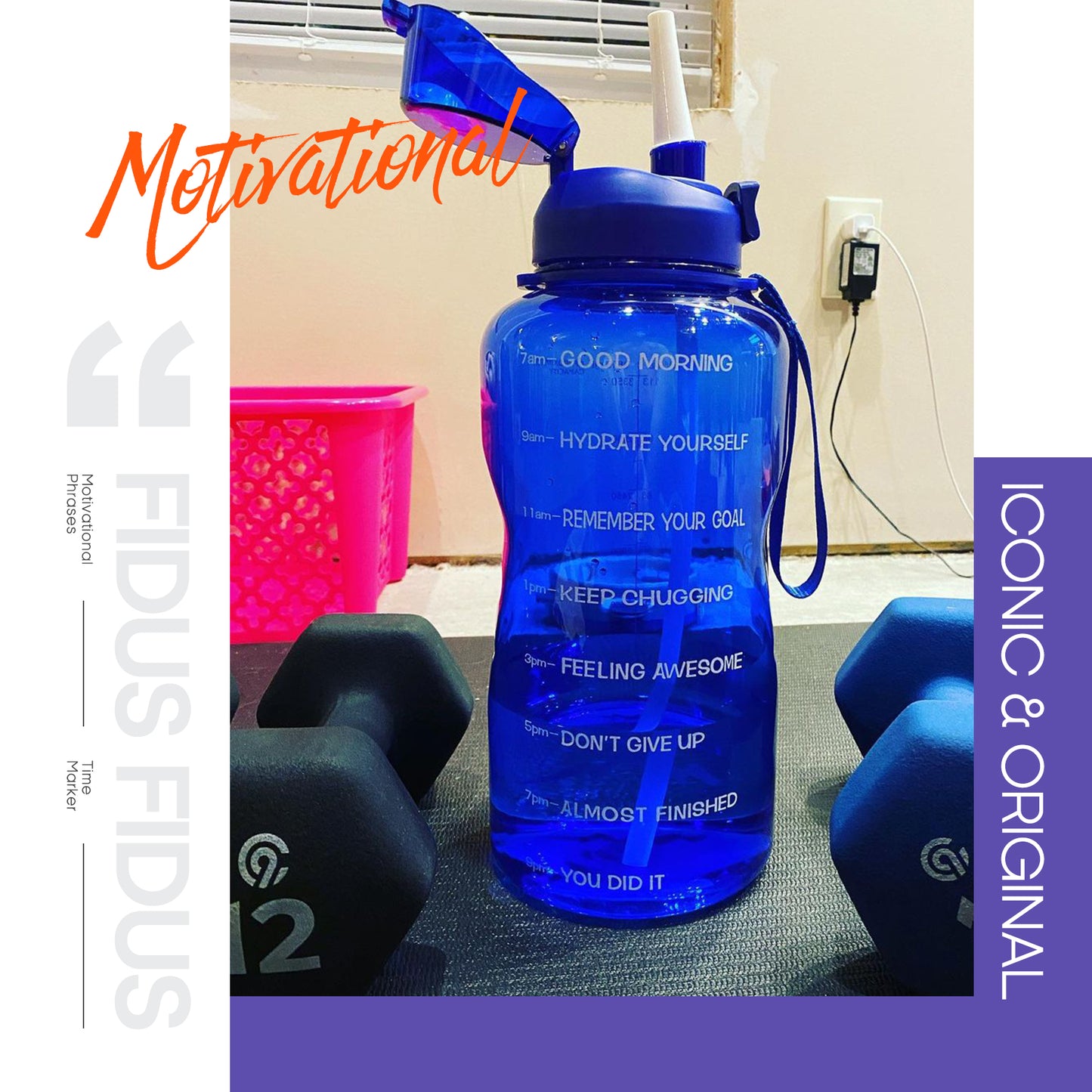 Fidus 128oz Motivational Water Bottle with Time Marker & Straw