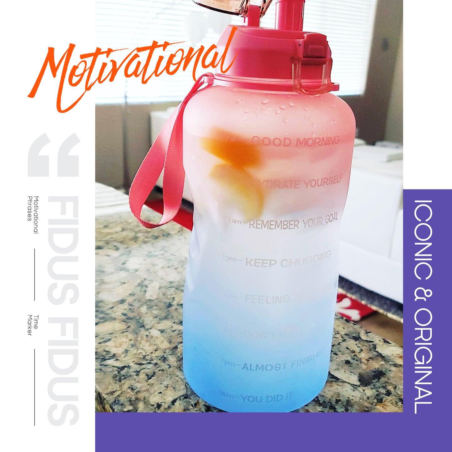 Fidus 128oz Motivational Water Bottle with Time Marker & Straw