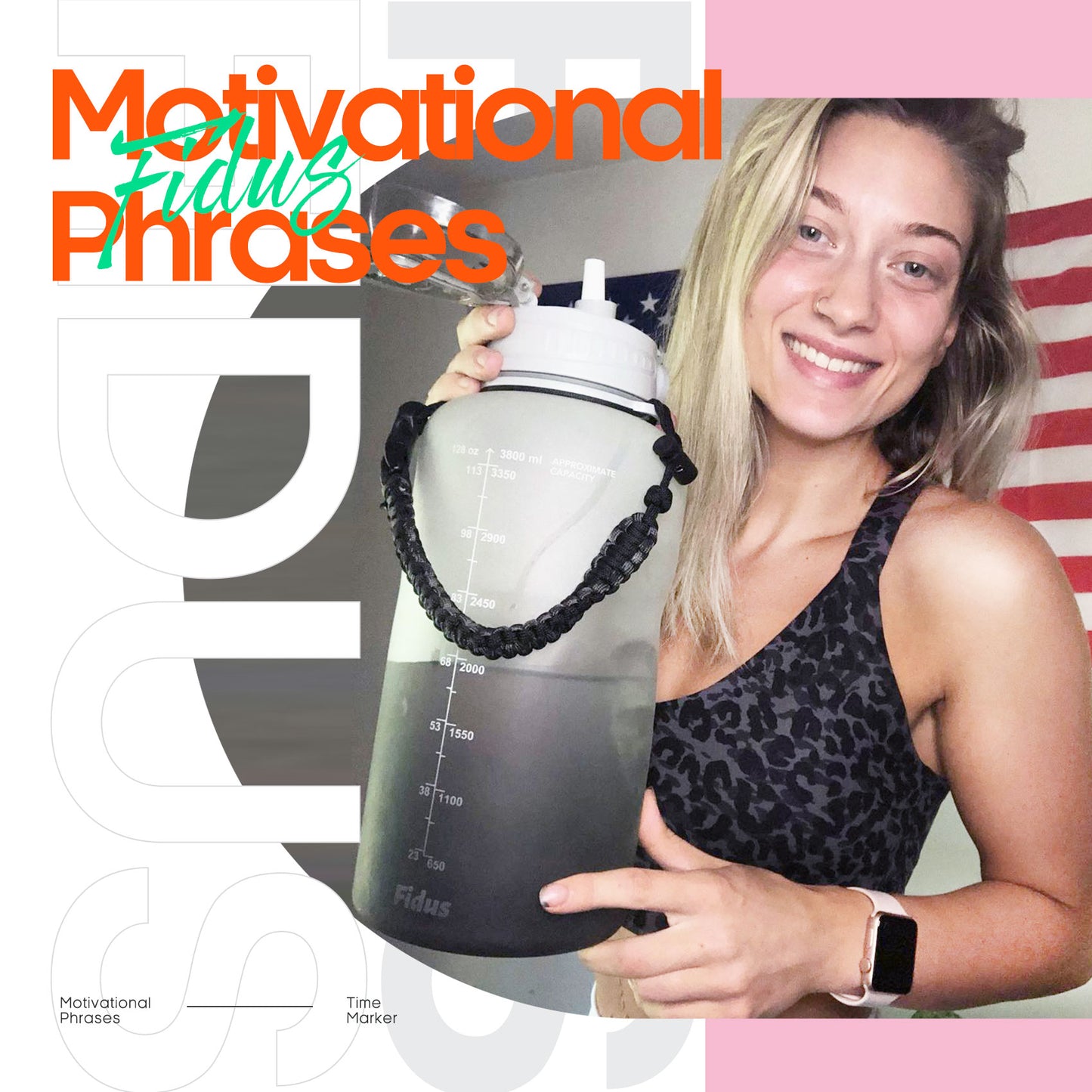 Fidus 128oz Motivational Water Bottle with Paracord Handle & Removable Straw