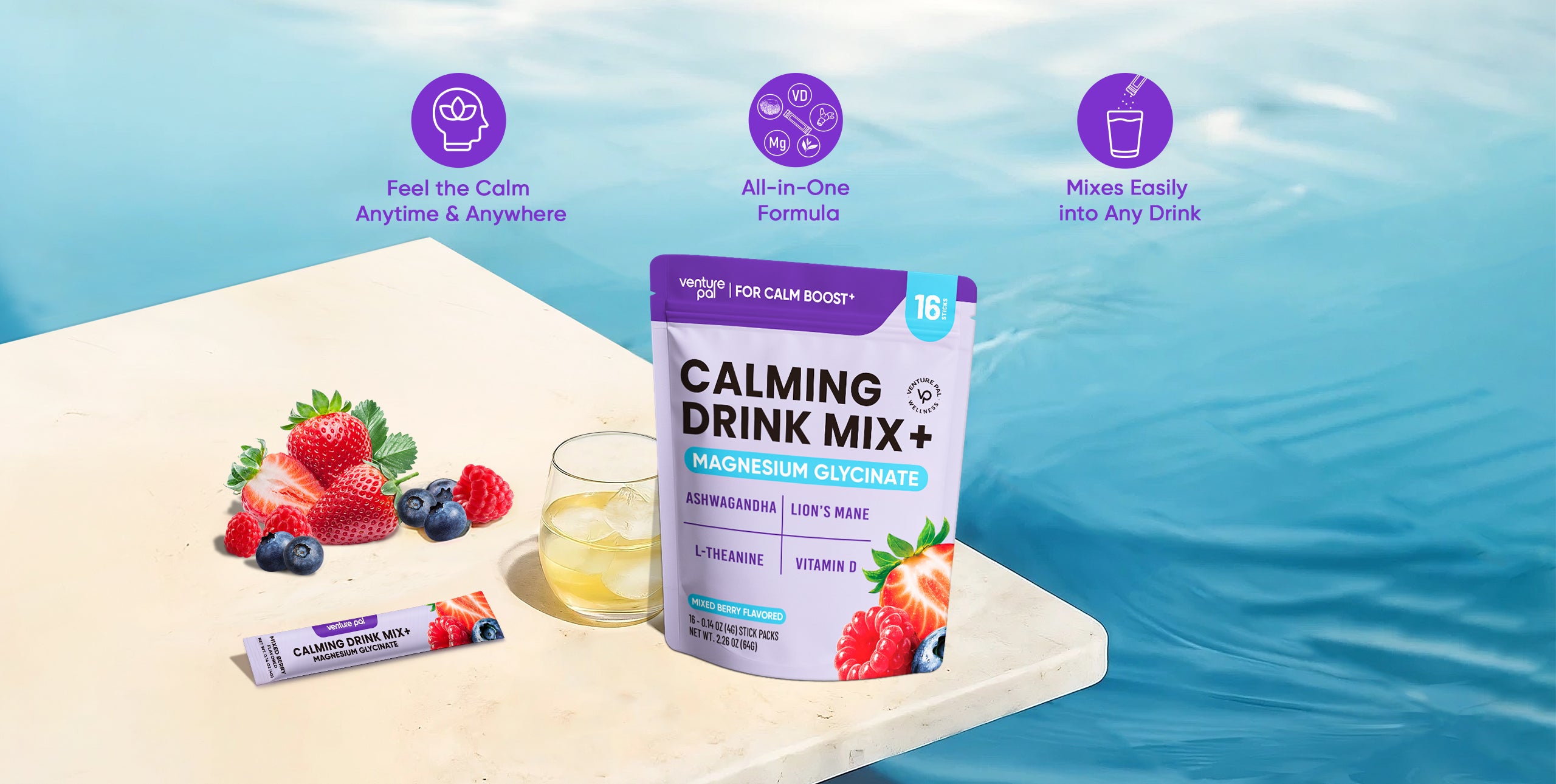 Magnesium Glycinate Powdered Drink Mix - Mixed Berry- 16 Sticks