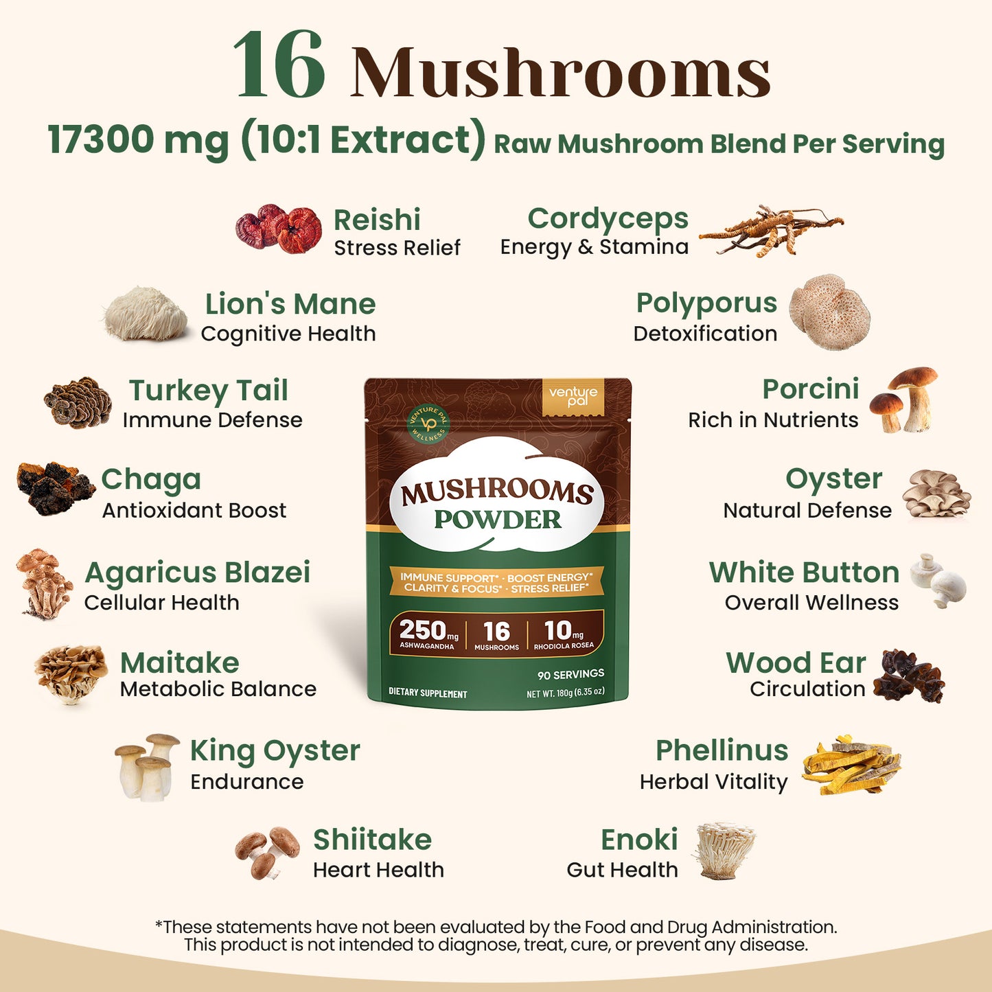 Venture Pal 16 Mushroom Adaptogen Powder - 90 Servings