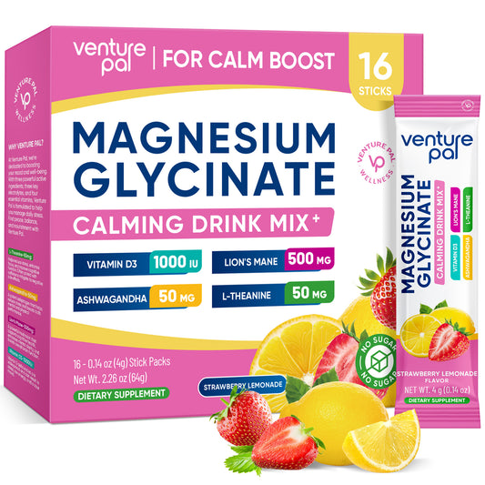 Venture Pal Sugar Free Magnesium Glycinate Powdered Drink Mix with Ashwagandha, Vitamin D, L-Theanine, Lions Mane - Strawberry Lemonade- 16 Sticks