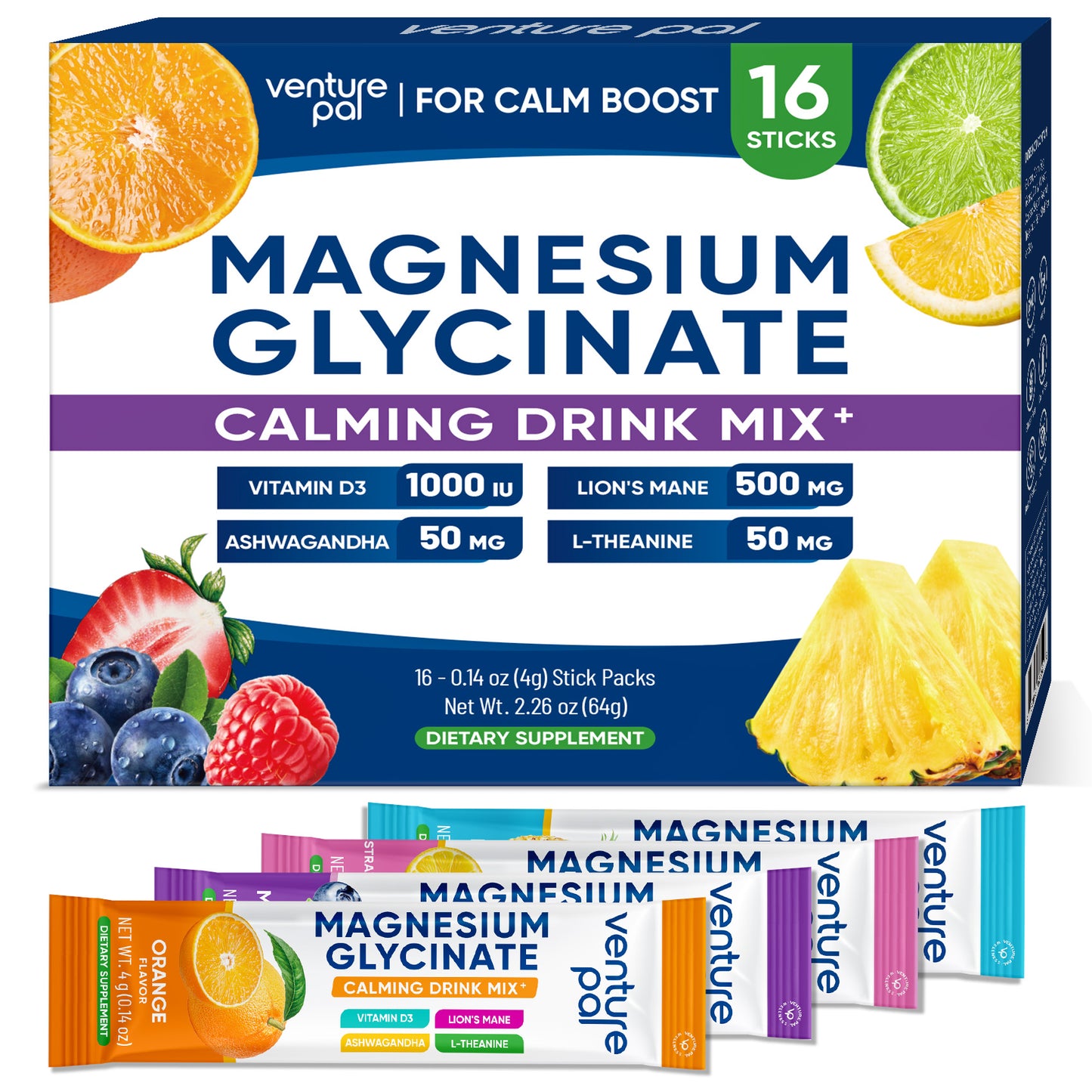 Venture Pal Sugar Free Magnesium Glycinate Powdered Drink Mix with Ashwagandha, Vitamin D, L-Theanine, Lions Mane - Variety- 16 Sticks