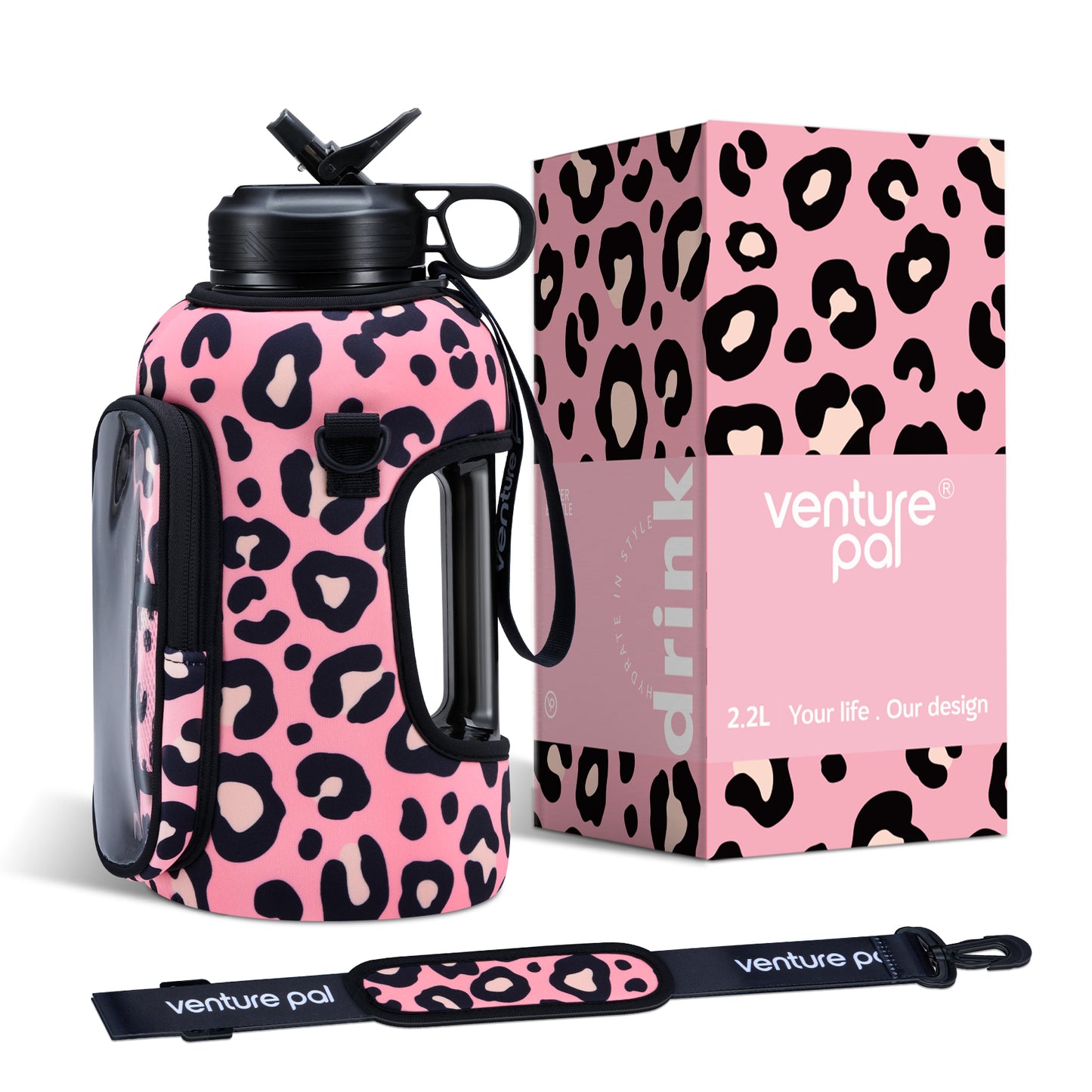 Venture Pal 64 oz Motivational Water Bottle with Storage Sleeve and Zero Sugar Electrolyte Powder Strawberry Flavor