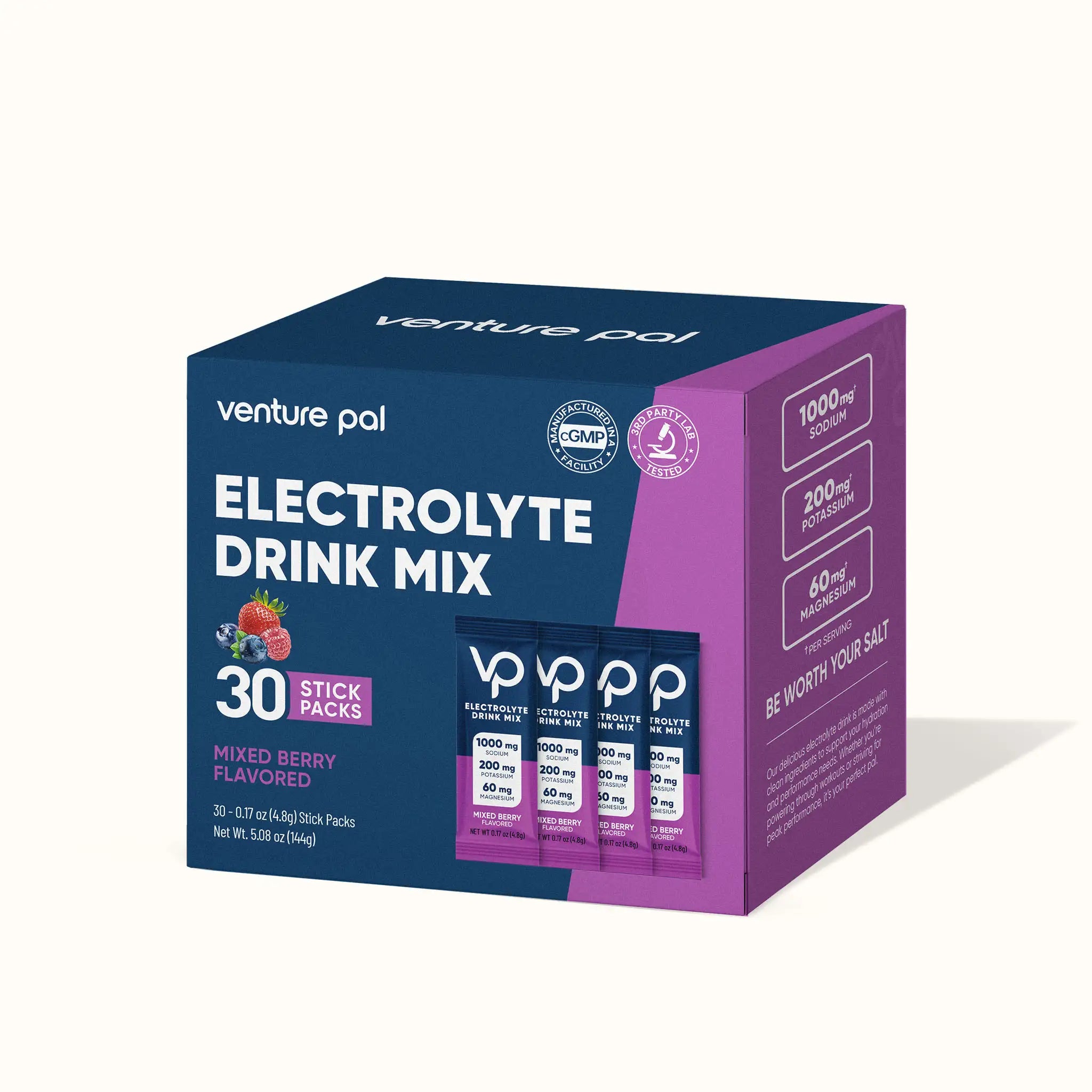 High Sodium Sugar Free Electrolytes Powder Packet -Mixed Berry Salt - 30 Sticks