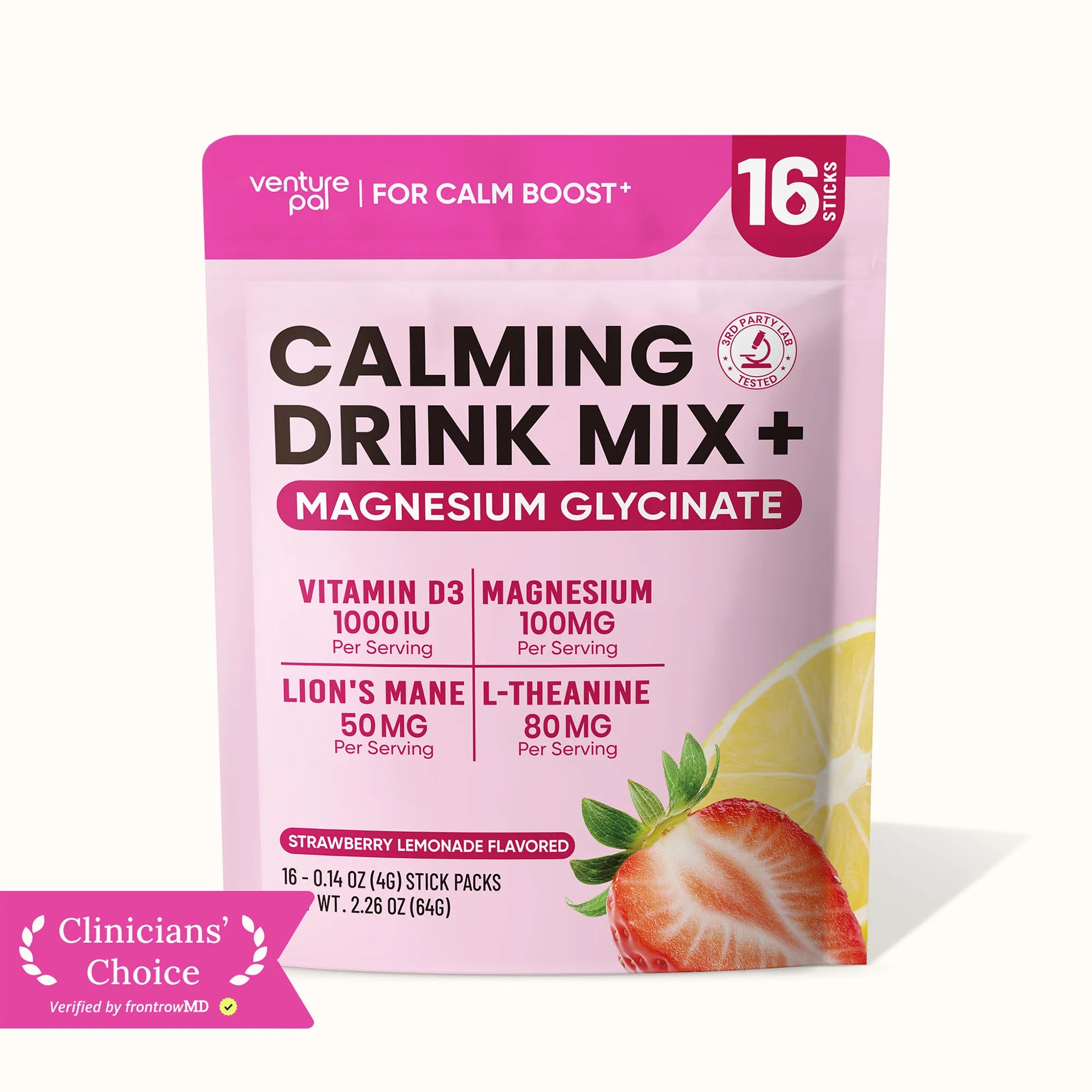 Magnesium Glycinate Powdered Drink Mix - Strawberry Lemonade- 16 Sticks