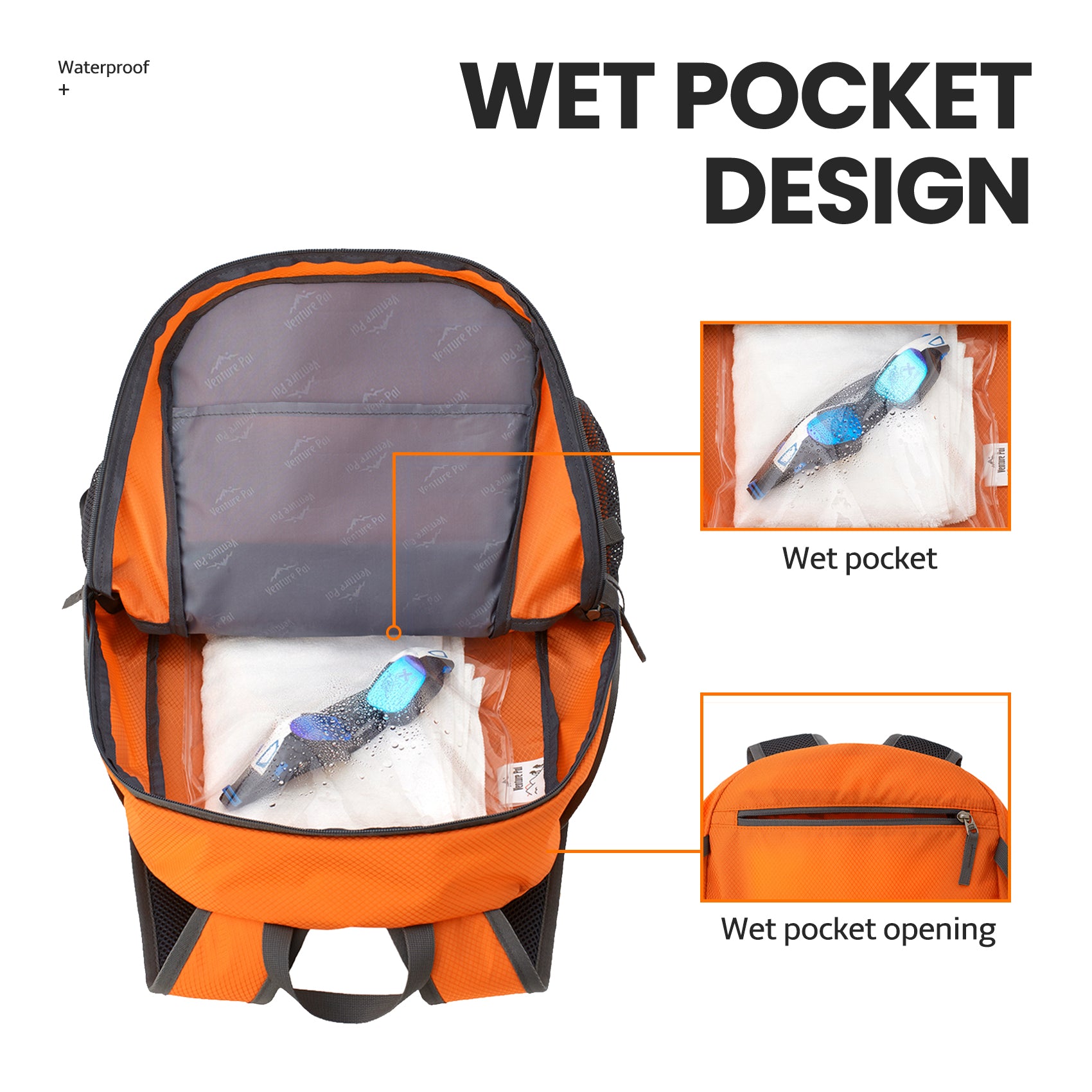 Venture Pal Orange 40L Nylon Backpack with Wet Pocket and Multi Compartment