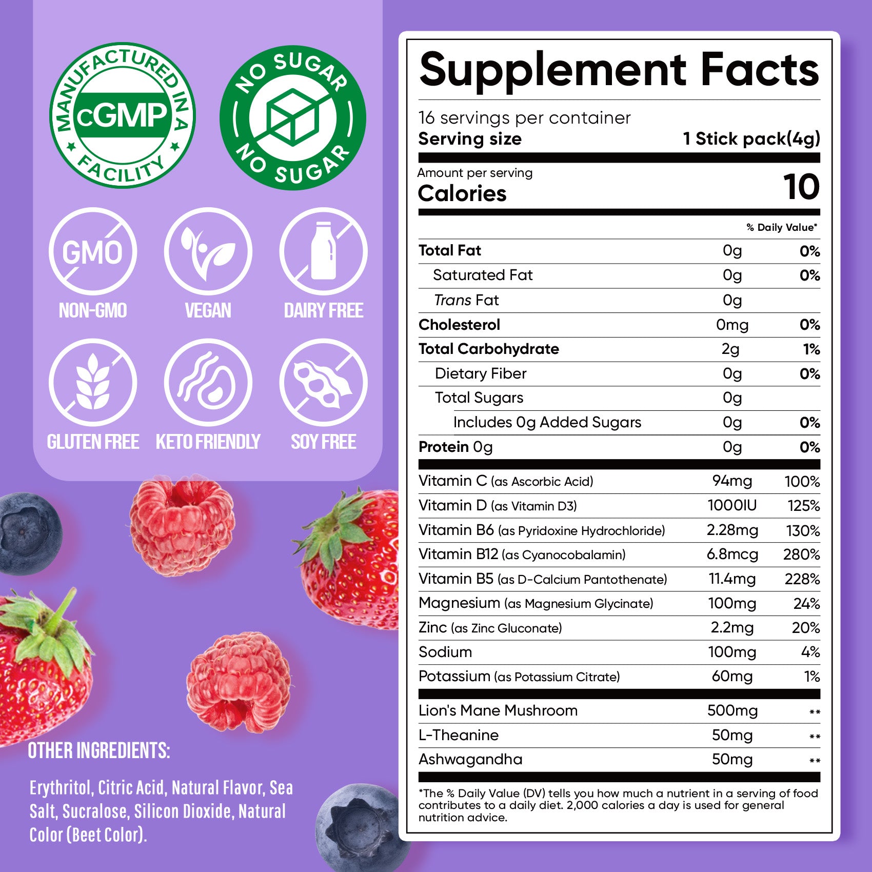 Magnesium Glycinate Powdered Drink Mix - Mixed Berry- 16 Sticks