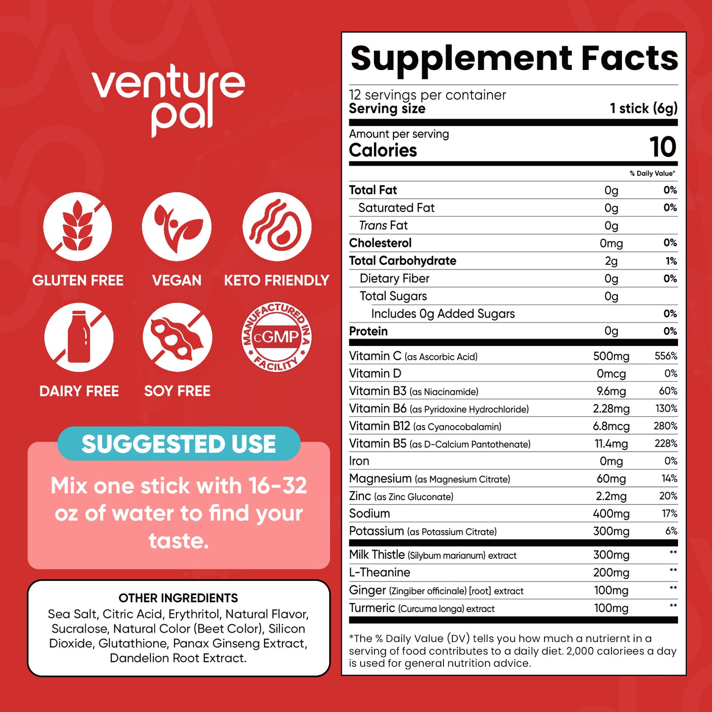 Venture Pal Liver Support Sugar Free Electrolyte Powder Packets - Watermelon- 12 Sticks