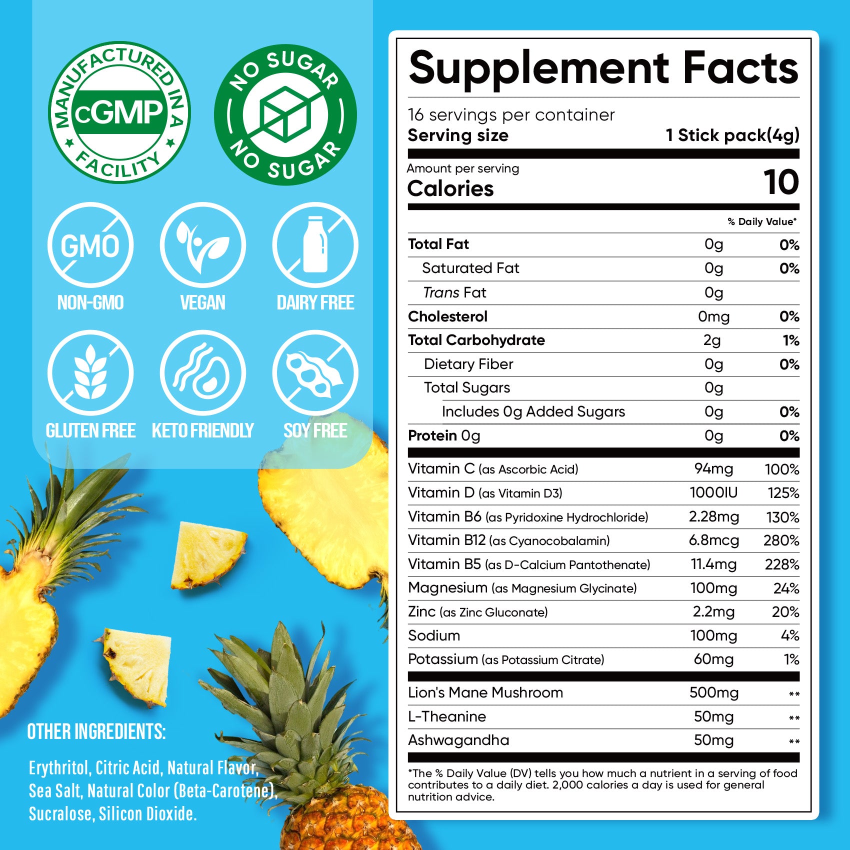 Magnesium Glycinate Powdered Drink Mix - Pineapple- 16 Sticks
