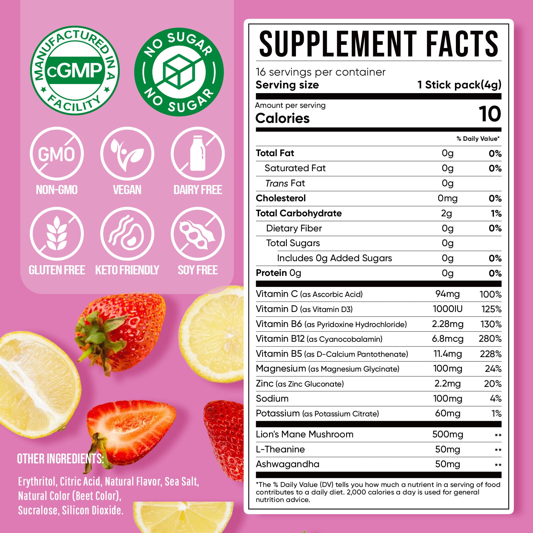Magnesium Glycinate Powdered Drink Mix - Strawberry Lemonade- 16 Sticks
