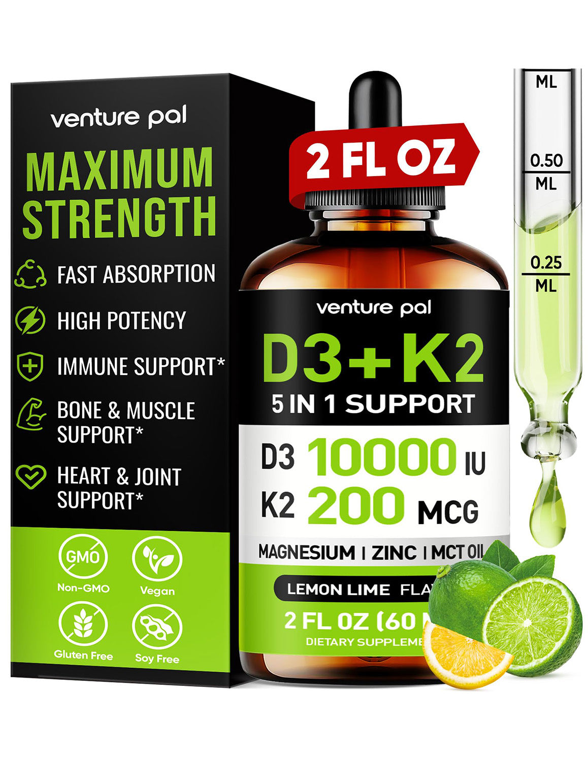 Venture Pal Vitamin D3 10000 IU Plus K2 (MK-7) - Lemon Flavor - 200 mcg Liquid Drops