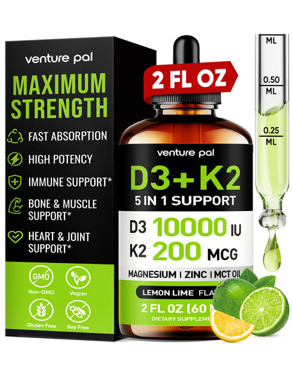 Venture Pal Vitamin D3 10000 IU Plus K2 (MK-7) - Lemon Flavor - 200 mcg Liquid Drops