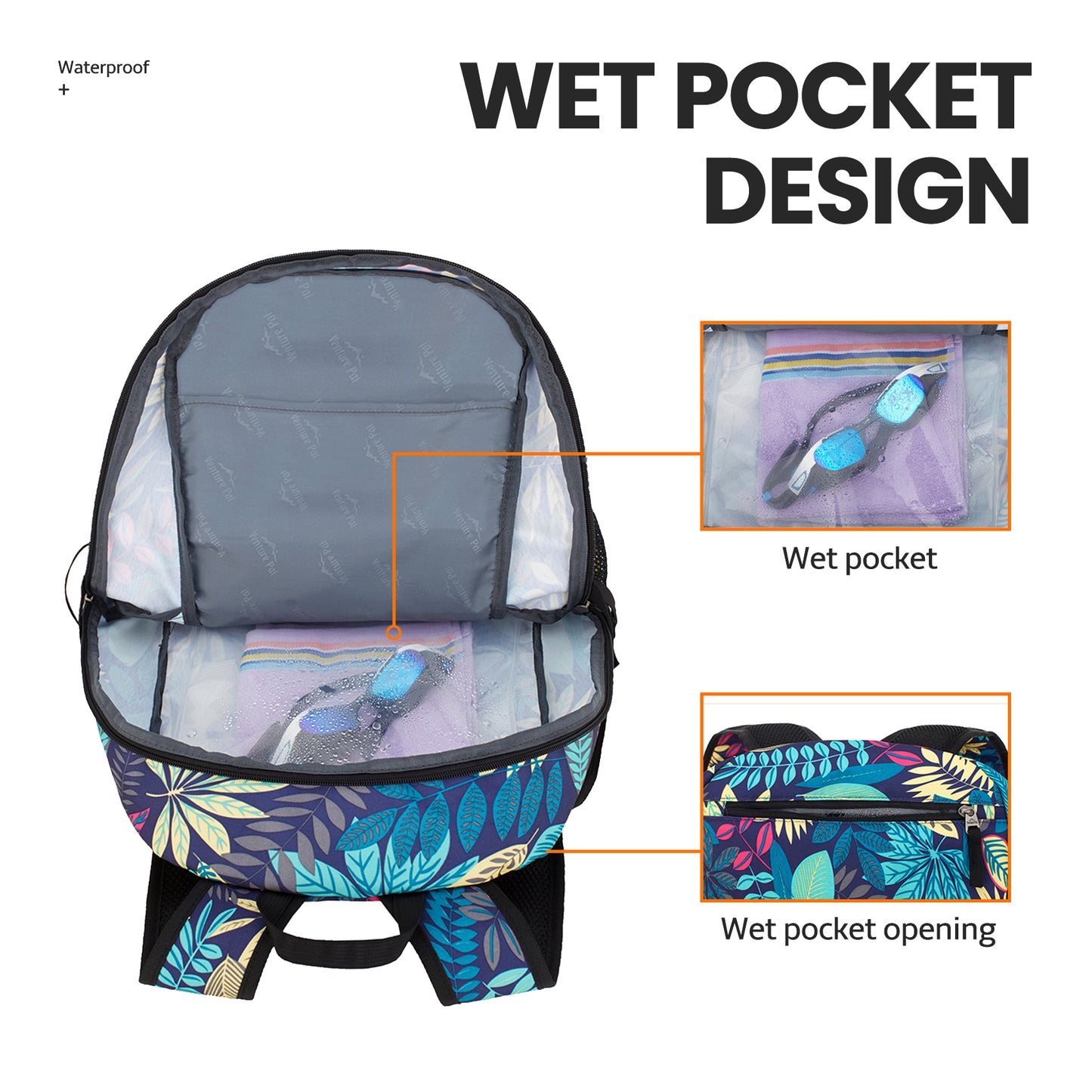 Venture Pal Purple Leaf Pattern Wet Pocket Design 40L Nylon Backpack