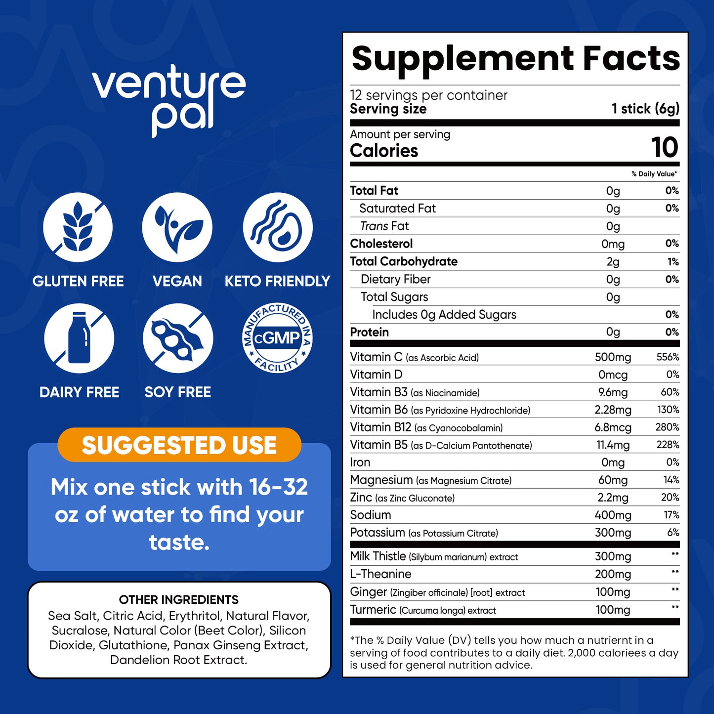 Venture Pal Liver Support Sugar Free Electrolyte Powder Packets - Variety- 12 Sticks