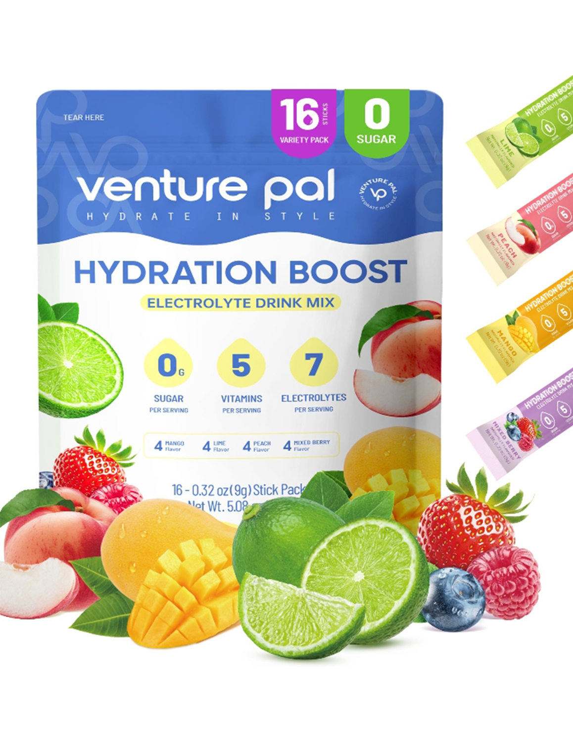 Venture Pal Sugar Free Electrolyte Powder Packets - Exotic Variety Pack - 16 Sticks