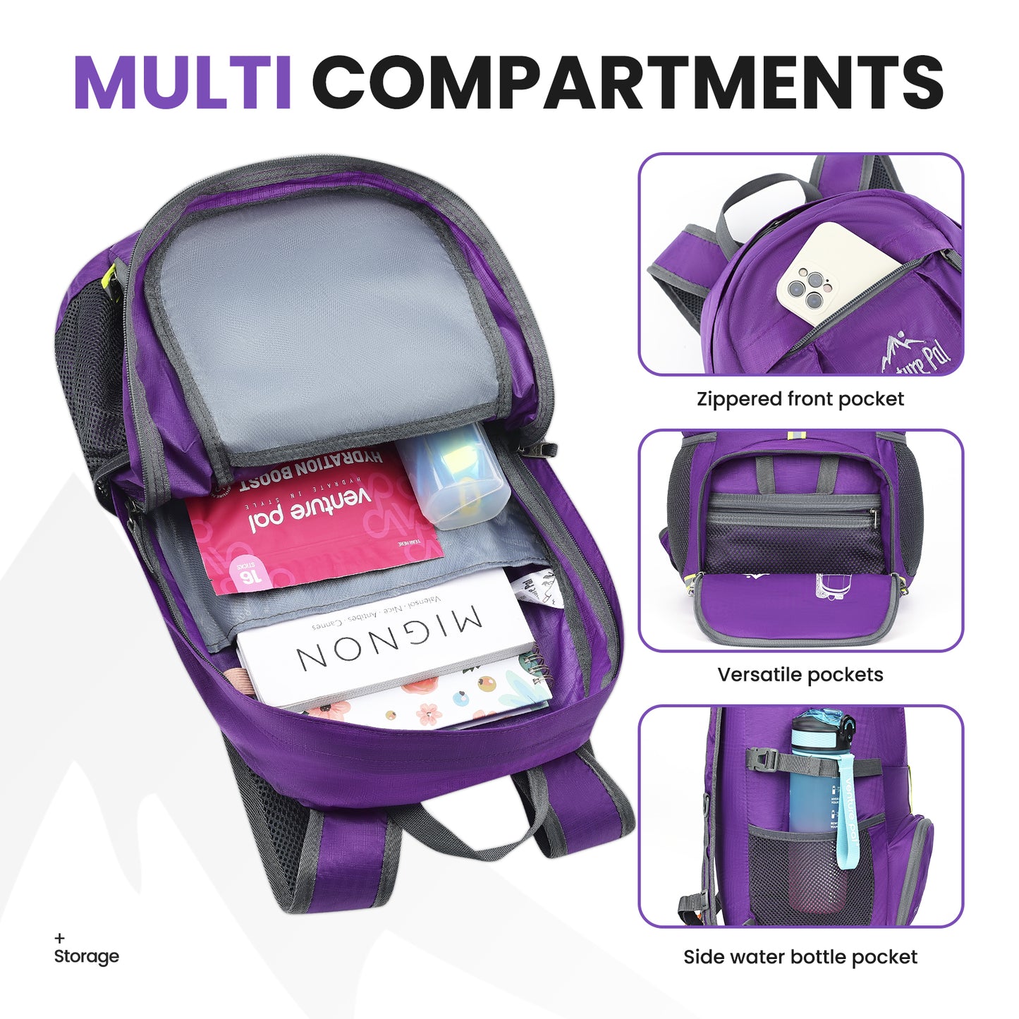 Venture Pal Purple 35L Double-Layer Bottom & Shoulder Straps Sports Backpack