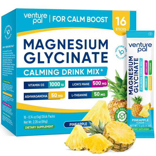 Venture Pal Sugar Free Magnesium Glycinate Powdered Drink Mix with Ashwagandha, Vitamin D, L-Theanine, Lions Mane - Pineapple- 16 Sticks