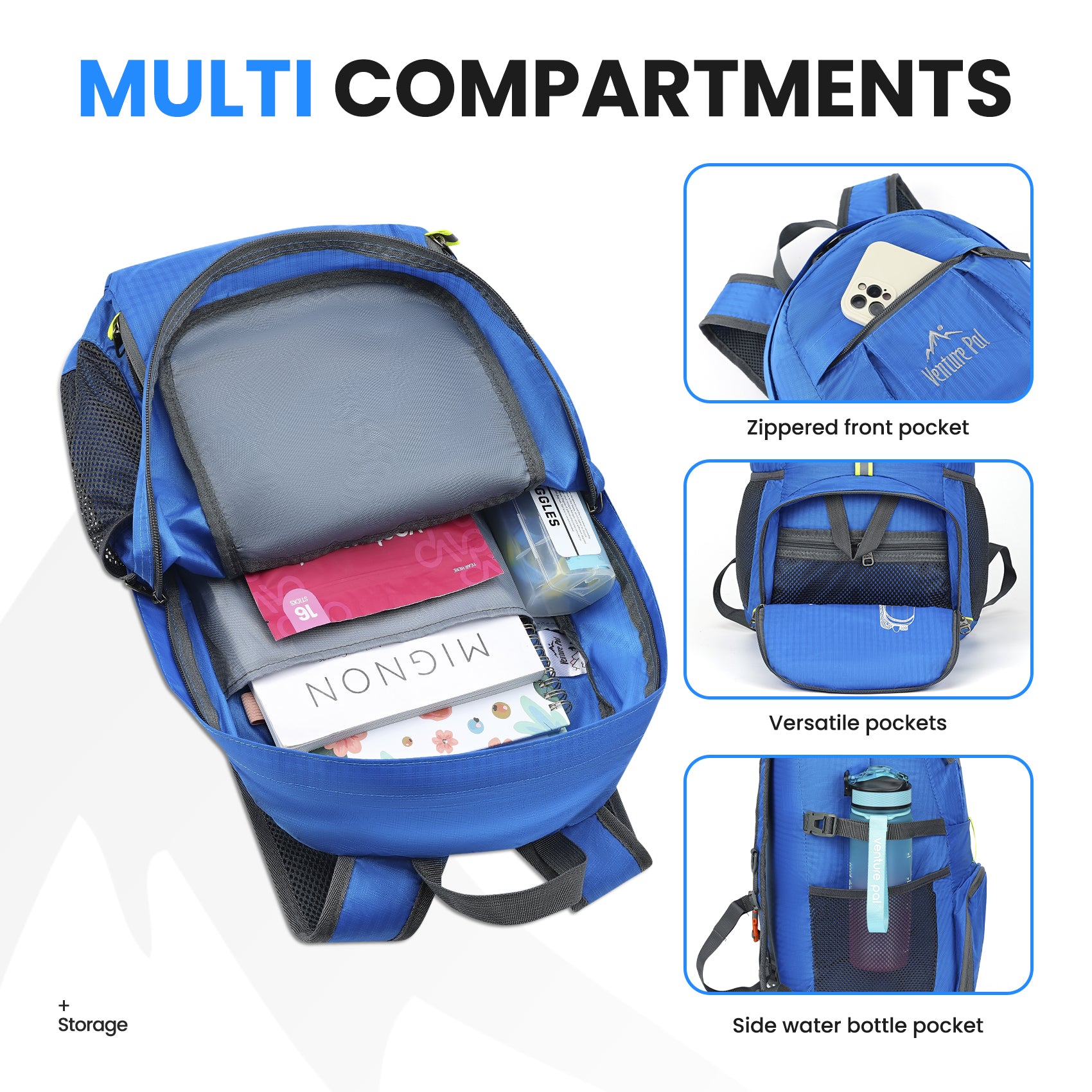 Venture Pal 35L Ultralight Lightweight Packable Foldable Travel Camping Hiking Outdoor Sports Backpack Daypack - Royal Blue