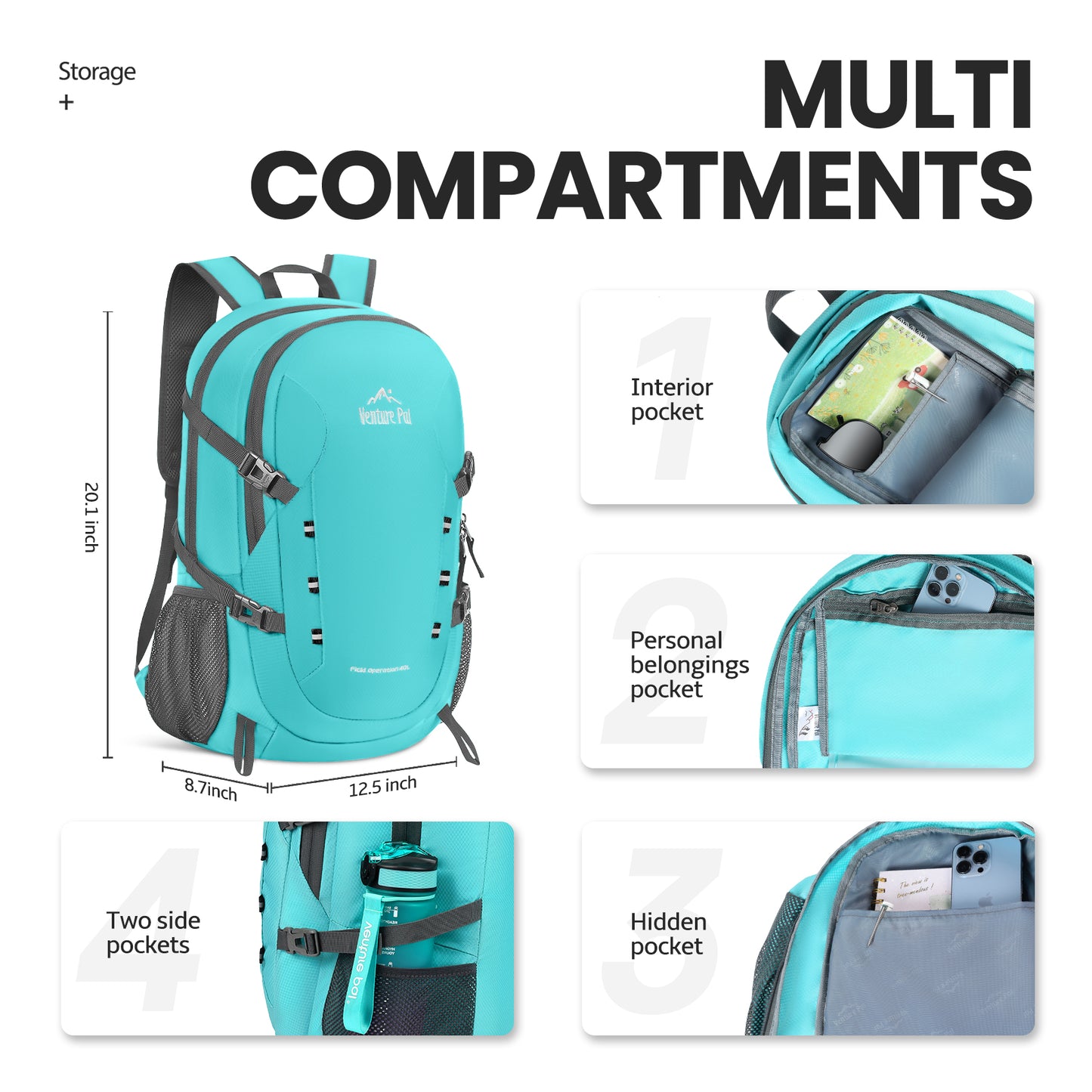 Venture Pal Mint Green 40L Nylon Backpack with Wet Pocket and Multi Compartment