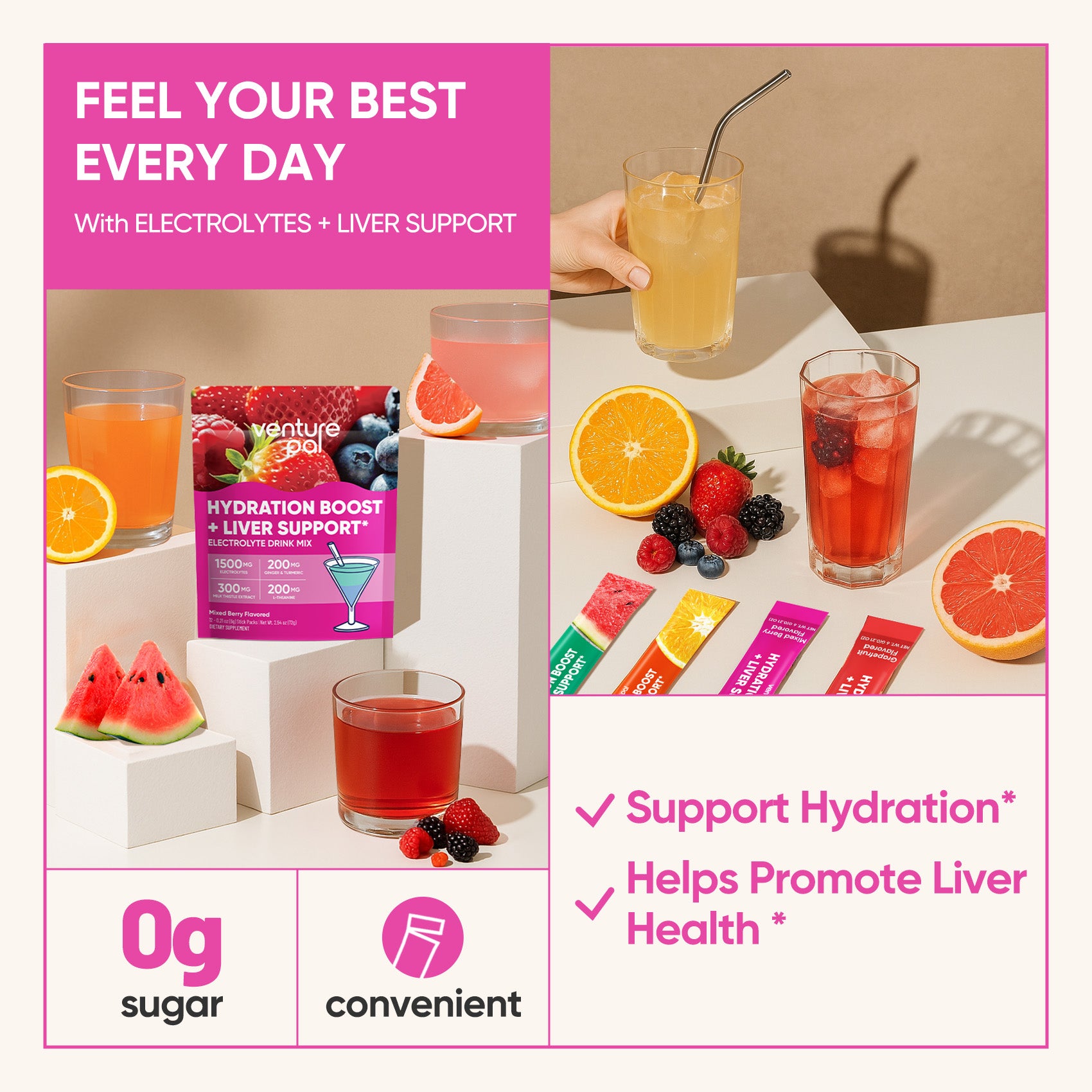 Venture Pal Liver Support Sugar Free Electrolyte Powder Packets - Mixed Berry - 12 Sticks