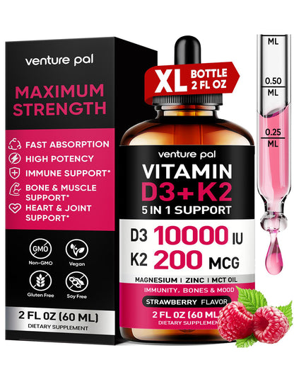 Venture Pal Vitamin D3 10000 IU Plus K2 (MK-7) - Raspberry Flavor - 200 mcg Liquid Drops