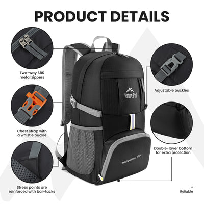 Venture Pal 35L Ultralight Lightweight Packable Foldable Travel Camping Hiking Outdoor Sports Backpack Daypack - Black