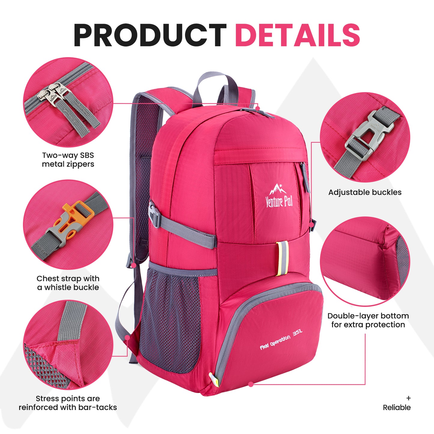 Venture Pal Fuschia 35L Double-Layer Bottom & Shoulder Straps Sports Backpack