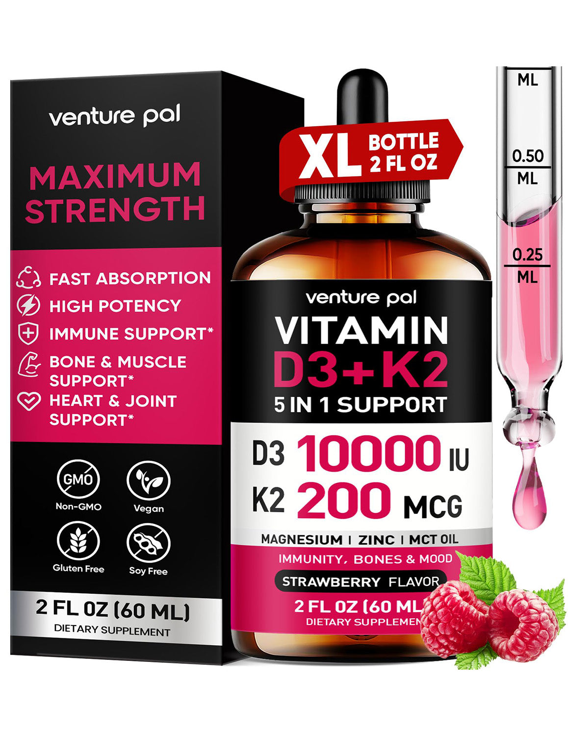 Venture Pal Vitamin D3 10000 IU Plus K2 (MK-7) - Strawberry Flavor - 200 mcg Liquid Drops