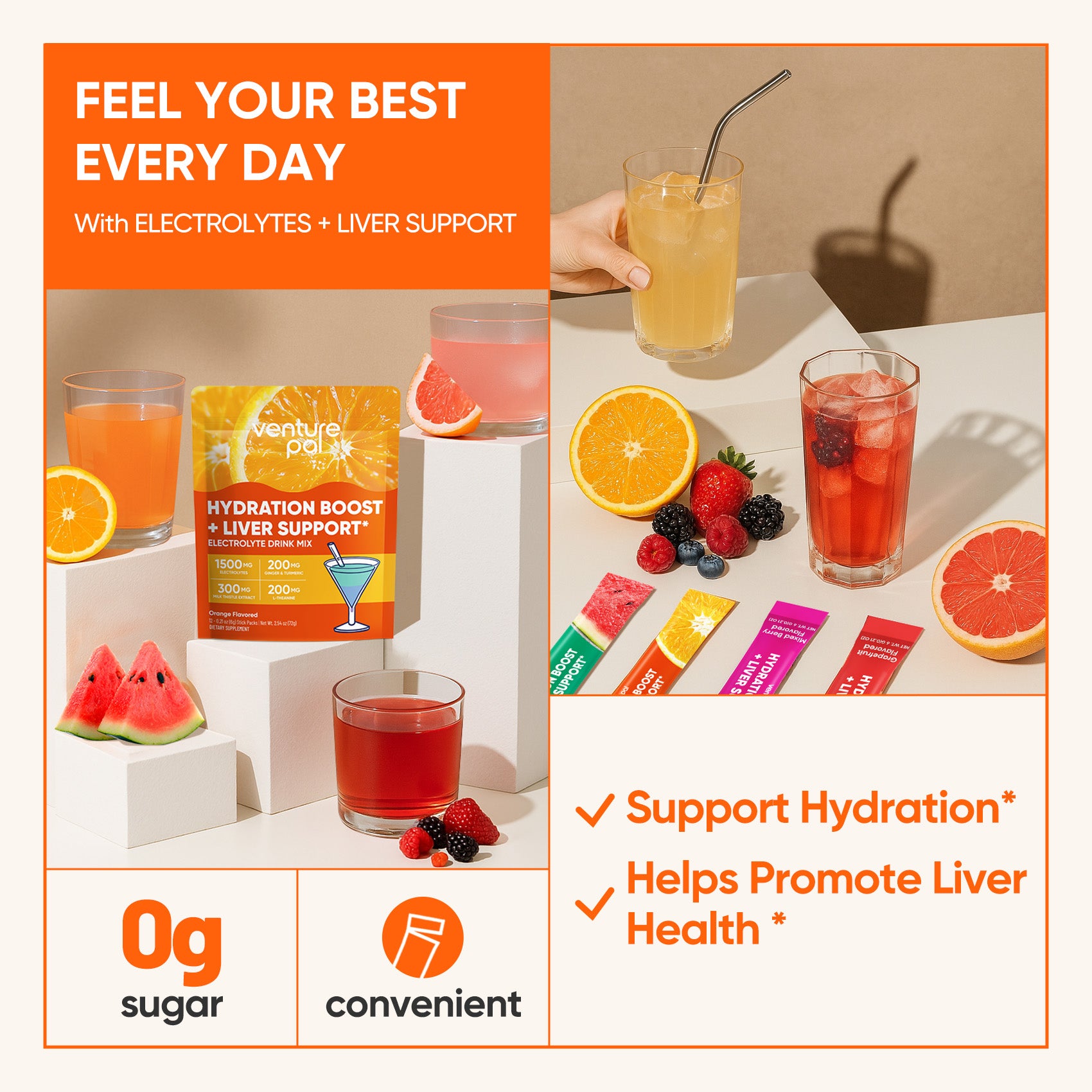 Venture Pal Liver Support Sugar Free Electrolyte Powder Packets - Orange- 12 Sticks
