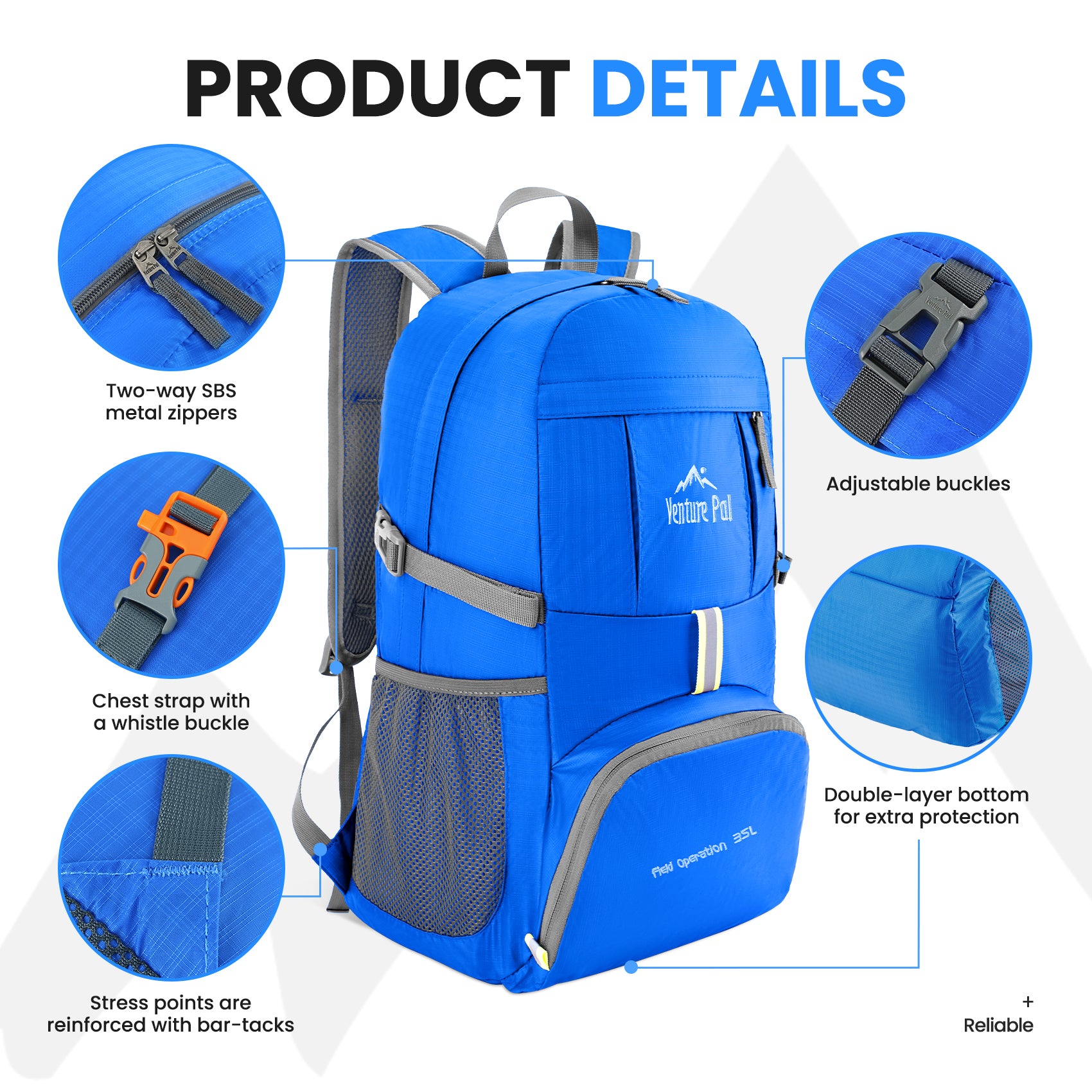Venture Pal 35L Ultralight Lightweight Packable Foldable Travel Camping Hiking Outdoor Sports Backpack Daypack - Royal Blue