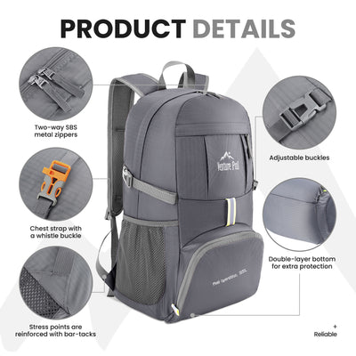 Venture Pal 35L Ultralight Lightweight Packable Foldable Travel Camping Hiking Outdoor Sports Backpack Daypack - Gray