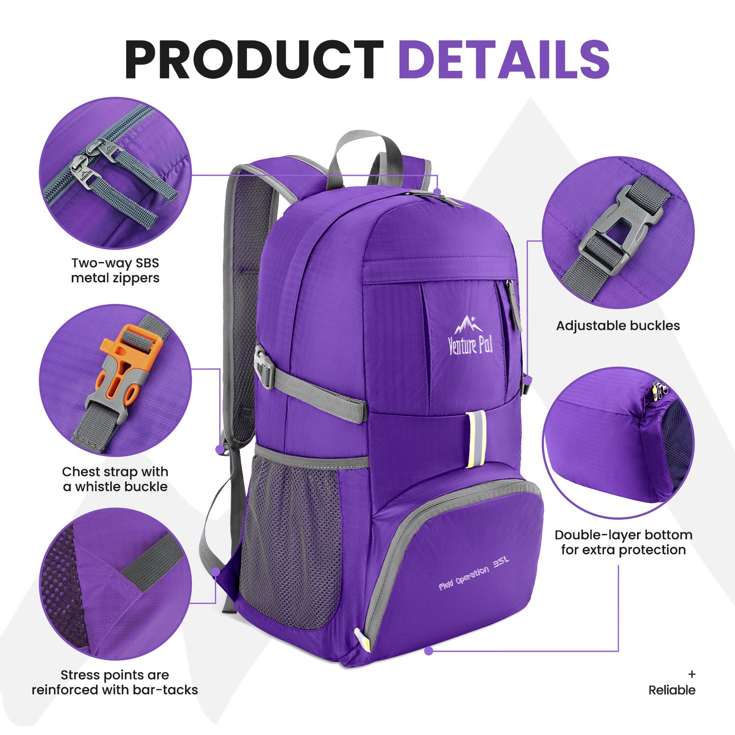 Venture Pal Purple 35L Double-Layer Bottom & Shoulder Straps Sports Backpack